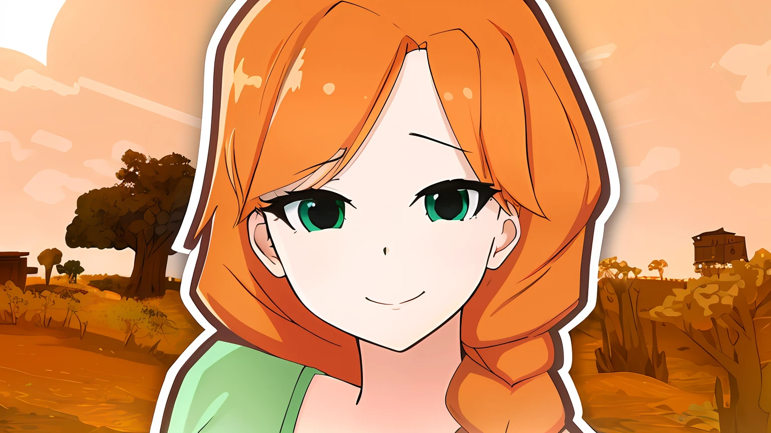 Menina anime com longos cabelos vermelhos e olhos verdes em um campo, Abigail, Vale de Stardew, [[[[Evil sortoudo]]]], Retrato bonito de Nami, Ela tem longos cabelos castanhos alaranjados, Nos, ela tem cabelos longos e redorange, Rena Nounen Estilo 3/4, tou, bonito rosto de anime natural, por Kanbun Master