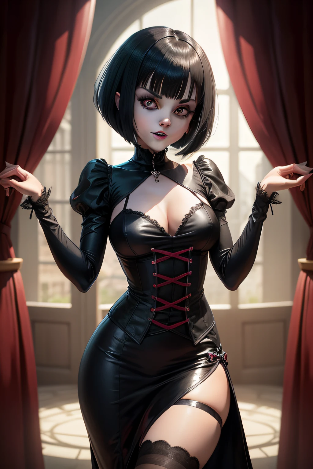 mavis dracula, estilo mavis dracula, hotel transylvania, cabelo curto, olhos pretos, franja blunt, Gothic strip, mavis