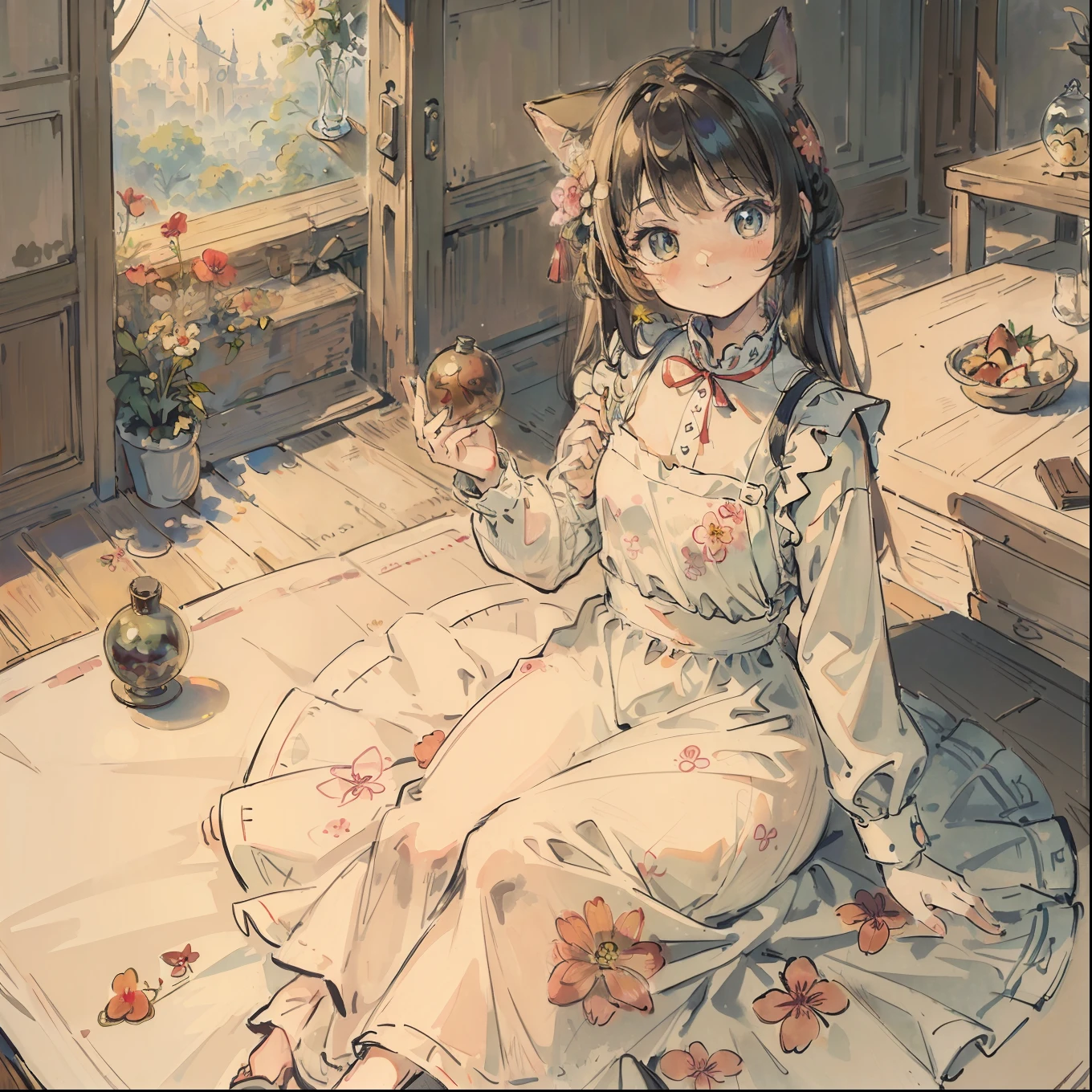 (top-quality、​masterpiece)、A stunning、a cute little cat、Floral dress、pinafore、foods、Warm smile、Hourglass diagram、Floral dress、pinafore、foods、