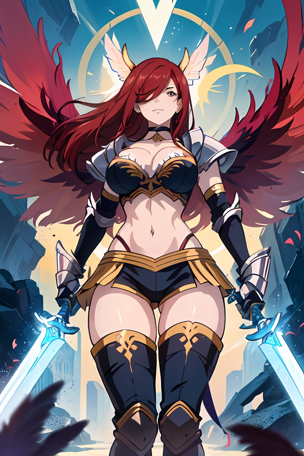 1girl, solo, erza scarlet, fairy tail, red hair, brown eyes, breasts, weapon, sword, holding, long hair, armor, , hair over one eye, dual wielding, wings, large breasts, midriff, choker, looking at viewer, gauntlets, holding weapon, holding sword,full body