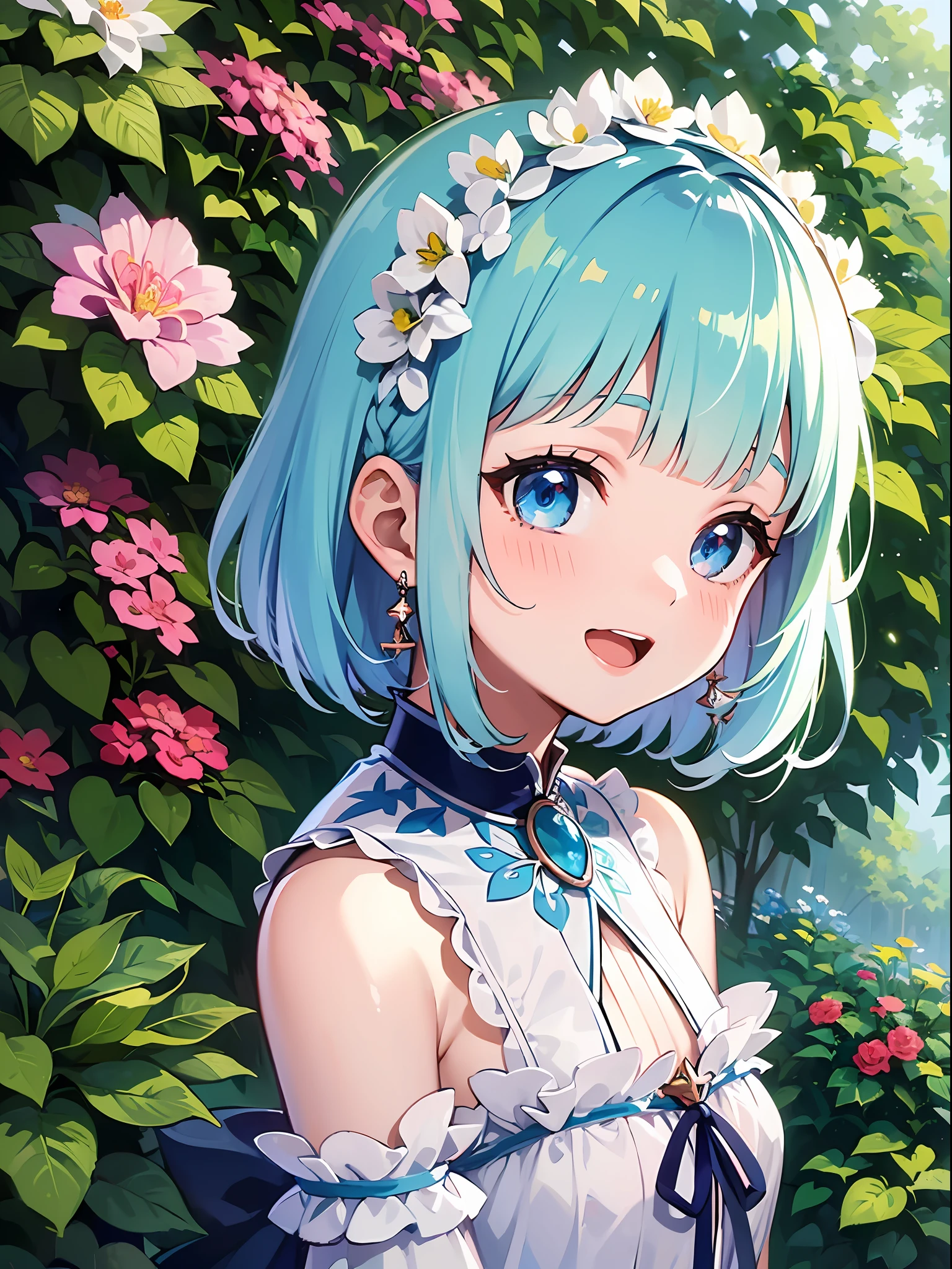(masterpiece:1.3), (best quality:1.3), high resolution,
couboy shot,
leaning forward,
(one cute girl:1.3), solo,
white skin, small Breast, eight-headed person,
light blue hair, (bobbed hair:1.2), (short hair:1.2), (blunt bangs:1.2), beautiful hair, blue eyes, beautiful detailed eyes,
blush, open mouth, heart, cheerful smile,
Idol costumes, frill, white and blue clothes, earrings,
outdoors, flower garden, natural park,
shadowlighting,
