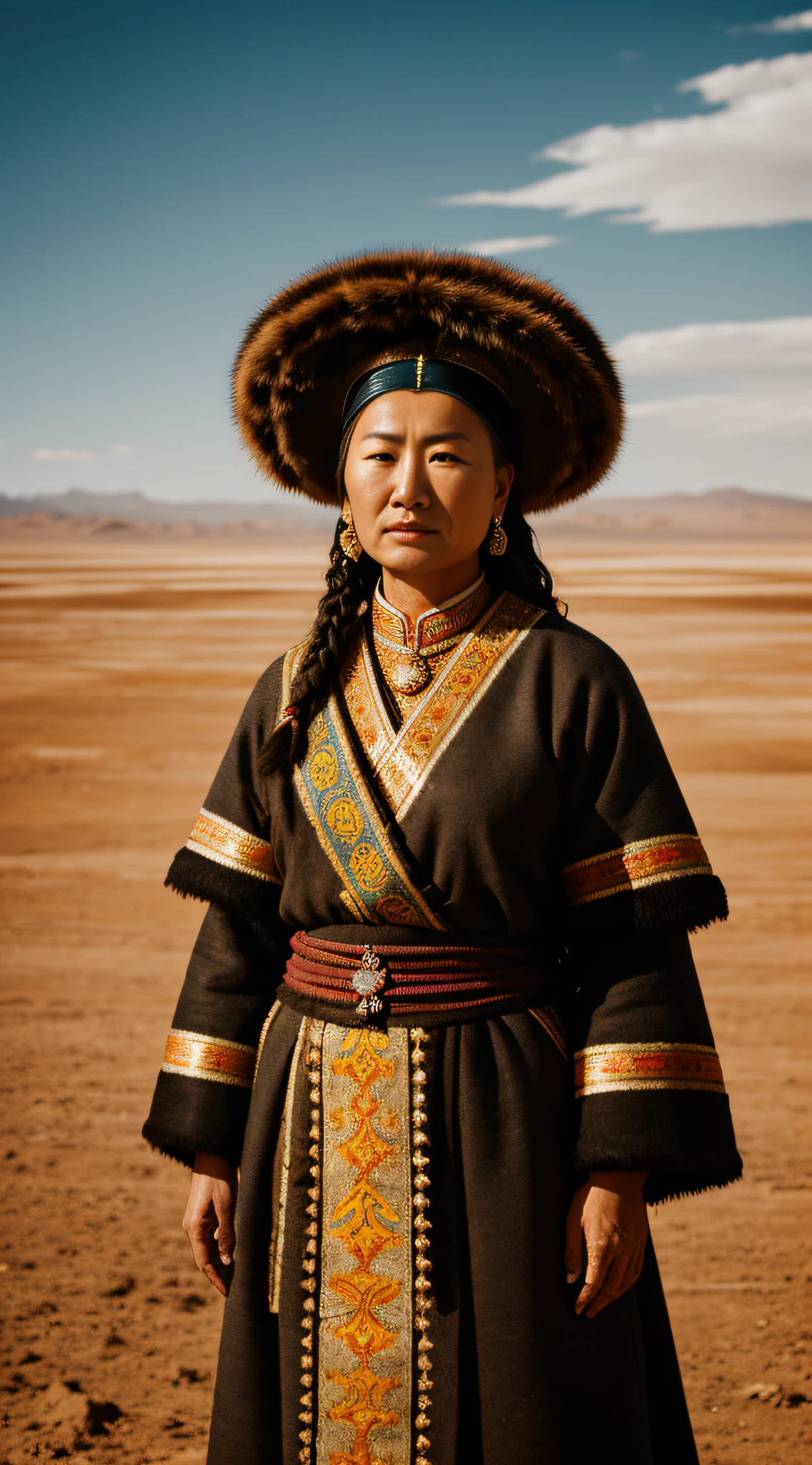 {Hoelun, the mother of Genghis Khan, standing in the barren olian landscape, adorned in traditional 13th-century Mongn attire, her face exhibiting wisdom and strength. The background features the remnants of a deserted tribe, creating a vivid depiction of the era's hardships.}, Digital Photograph, Studio Light, (Rutkowski:1.2), 35mm, Medium Shot, HDR, Hyper Detailed
