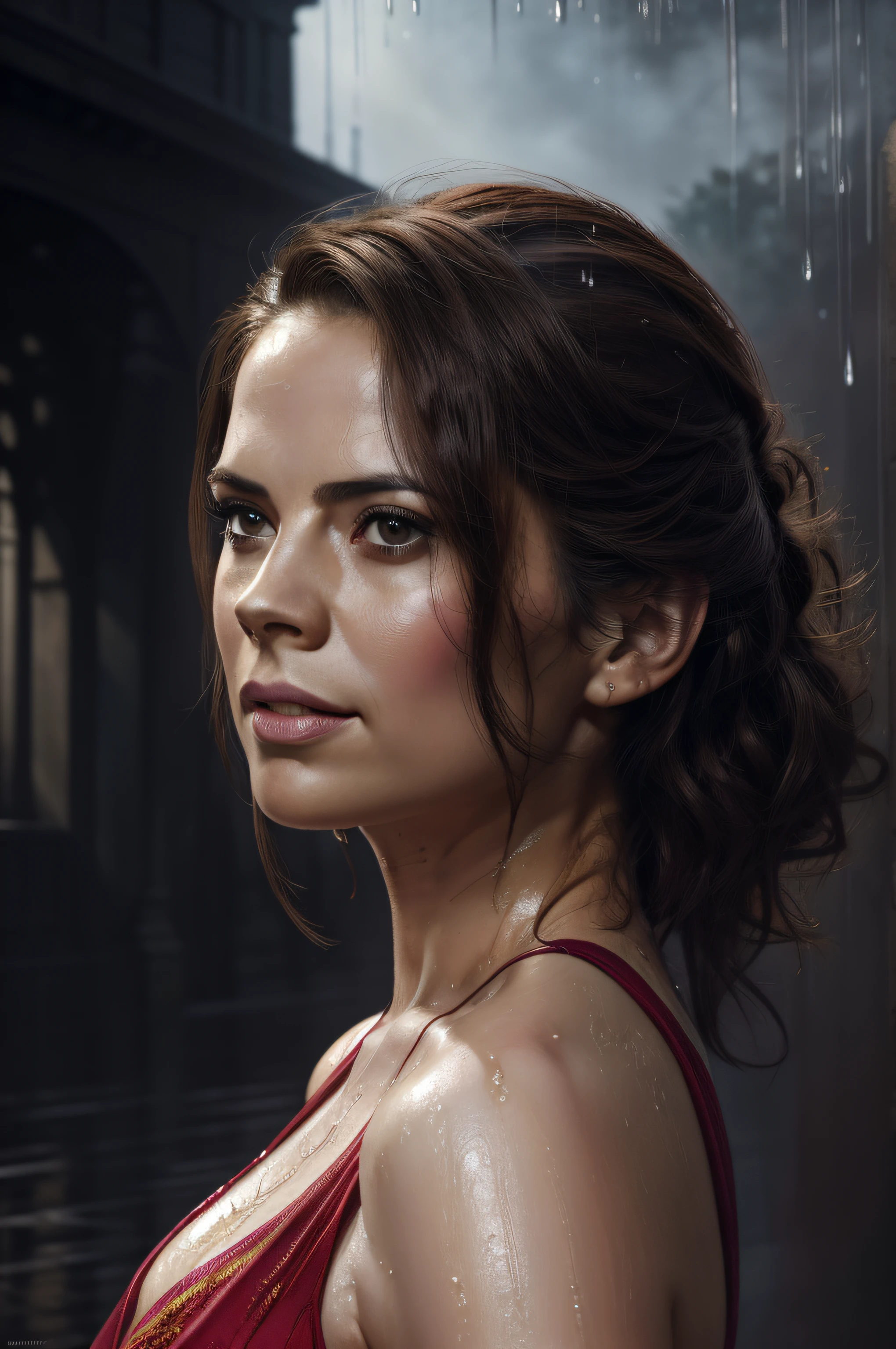 (Thirty year old) woman, standing in the heavy rain, wearing a (long bright red dress:1.2), beautiful legs, (soaked hair:1.2), dreamy photo, dramatic pose, looking straight at camera, soft expression, flirty, slight smile, dark city landscape, crowd of dark strangers, misty, andre kohn, Canon, (Detailed features::1.2), real life. Hayley Atwell, intricate, 8k, highly detailed, (extremely detailed CG unity 8k wallpaper), ((square jaw)), (well defined jaw), (downturned lips), (detailed anatomy), Hyperrealistic full shot body image, trending on CGSociety, Intricate, High Detail, Sharp focus, dramatic, volumetric lighting, digital painting, intense, modelshoot style, (extremely detailed CG unity 8k wallpaper), full shot body photo of the most beautiful artwork in the world, pearl skin, professional majestic oil painting by Ed Blinkey, Atey Ghailan, Studio Ghibli, by Jeremy Mann, Greg Manchess, Antonio Moro, trending on ArtStation, photorealistic painting art by midjourney and greg Rutkowski