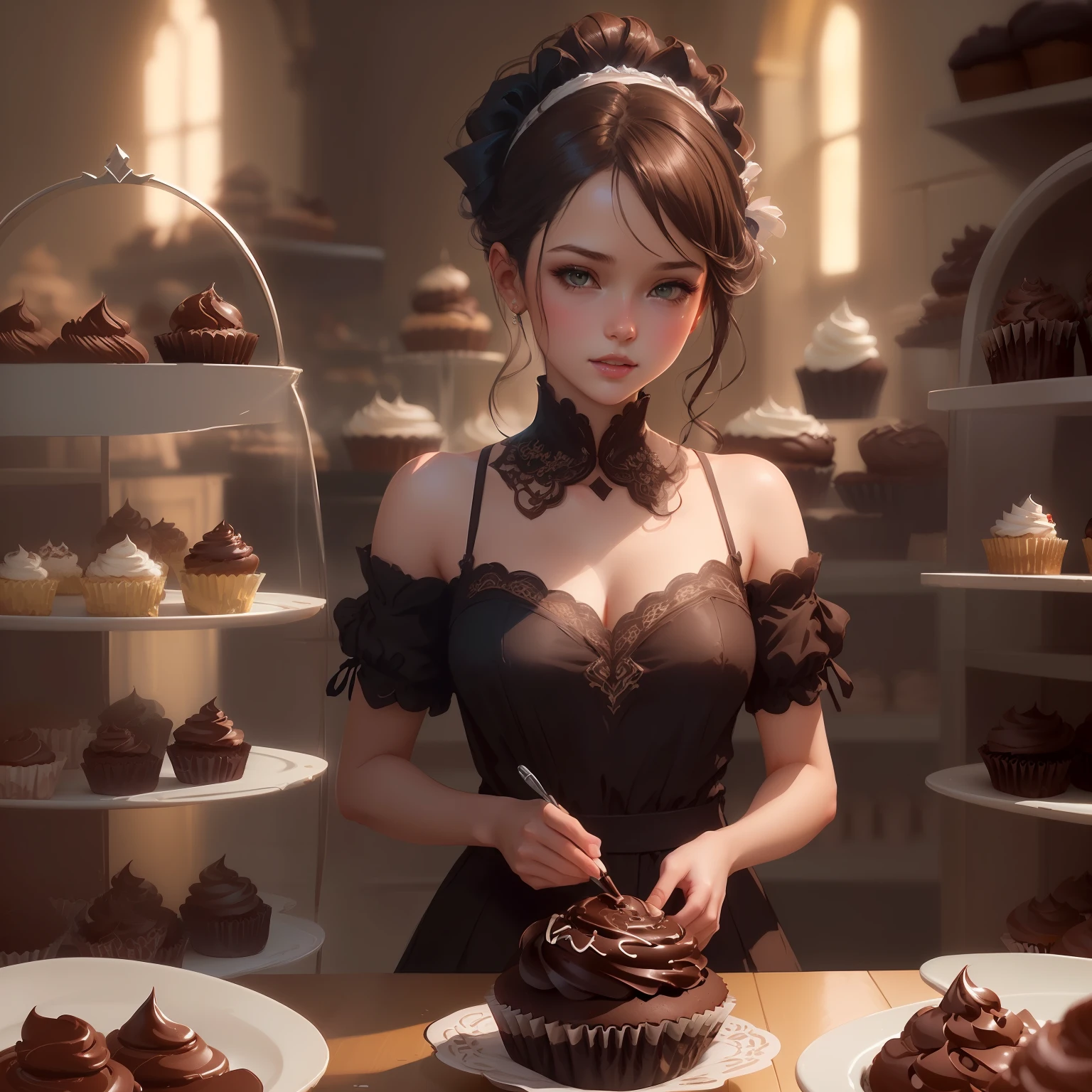 a ( ( girl as personification of chocolate cupcake ) ), beauty, fantasy bakery, digital painting by krenz cushart, greg rutkowski, artgerm, laurie greasly, wlop, intricate, highly detailed! ! , sharp focus, smooth, epic composition, joyful, unreal engine, masterpiece, 8 k