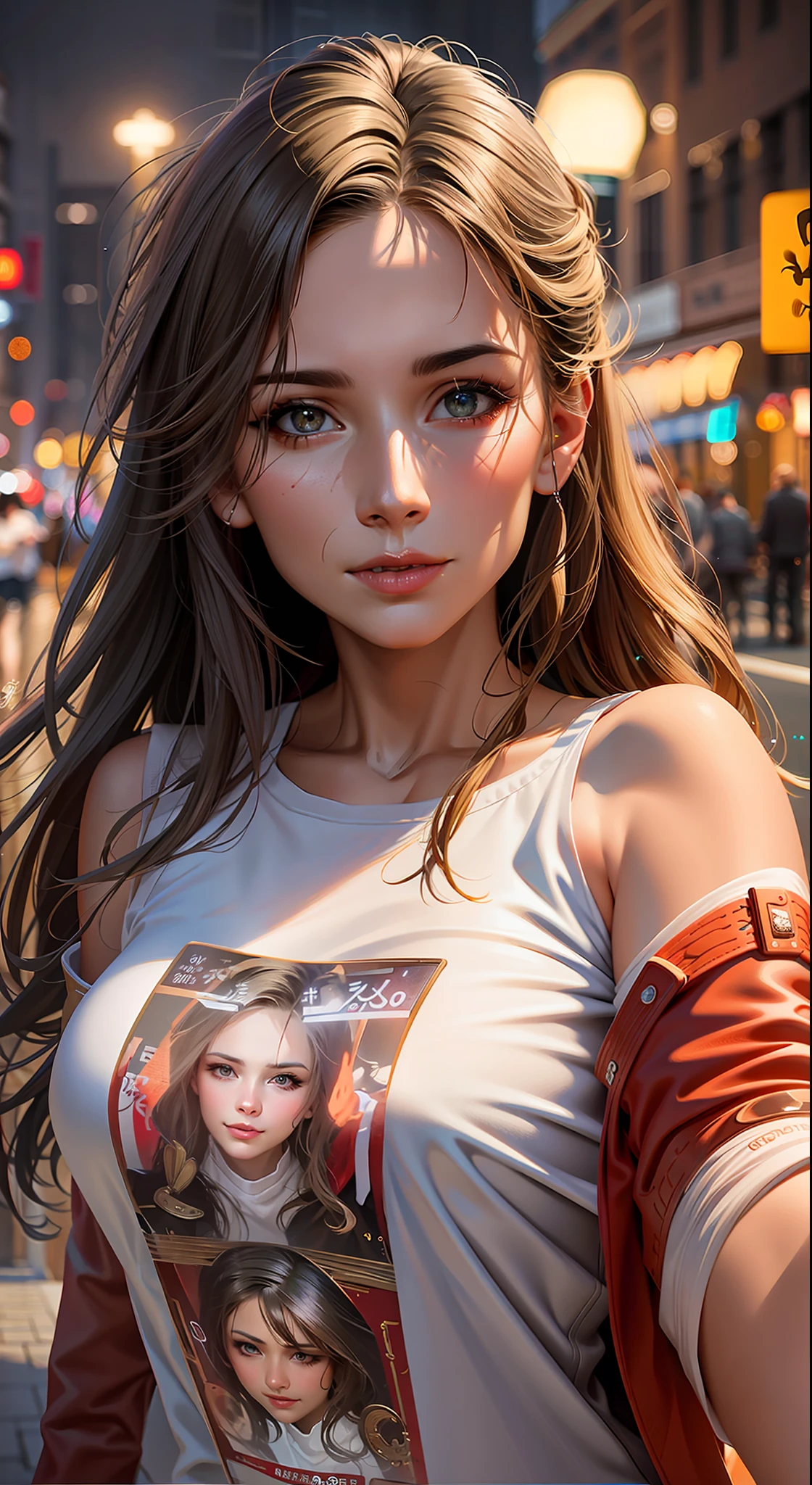 There is a woman, who takes a selfie on the street, realistic 4k digital art, realistic 4k digital art, Close-up portrait of a character, beautiful digital artwork, 8K Artgerm Bokeh, photorealistic artstyle, artwork in the style of guweiz, realistic art style, photorealistic anime girl render, cgsociety portrait, wojtek fus