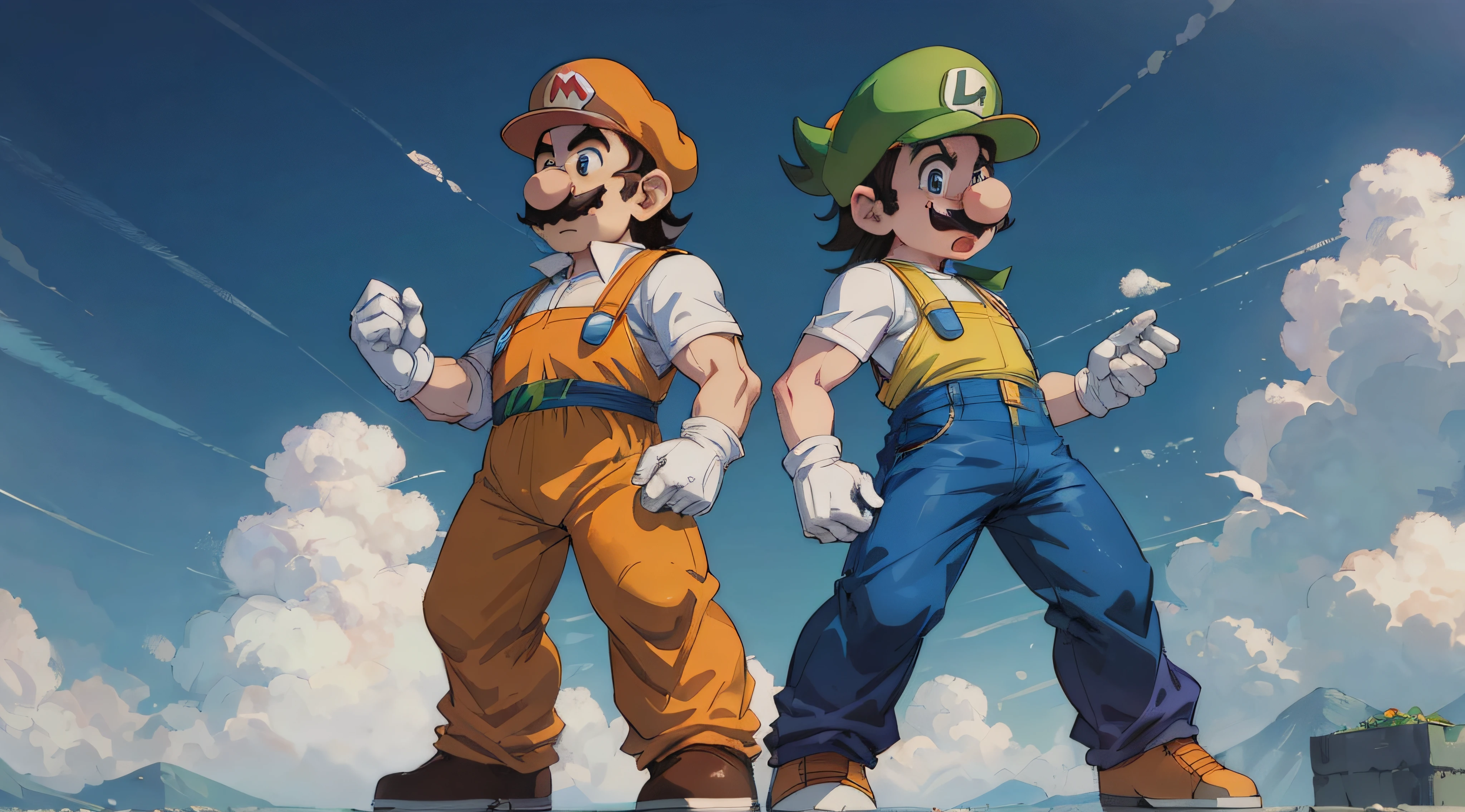 Mario and Luigi as dragonball characters in the style of Makoto Shinkai