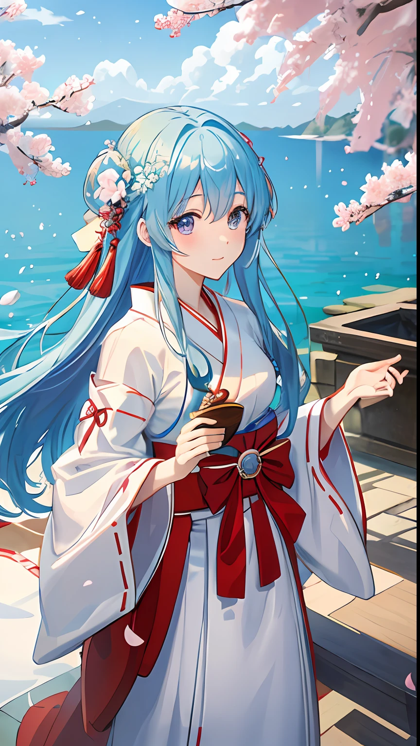 (masterpiece)、(best qualtiy)、(ultra-detailliert)、(dishevled hair)、(Japanese anime)、(1 Japan Girl)、(goddess of Japan、shrine maiden、White and red priestess costume、Red Hakama)、is standing、fashion modell、see the beholder、(interview)、(Background of the precincts)、Stand on the ground of pebbles、Fine and beautiful eyes、Delicate beautiful face、Planktonic、(a high chroma)、(colorful water splash)、colorful bubble、(brilliance)、Focus on Face、poneyTail、Cherry Blossom Hair Ornament、lightblue hair、bangss、hair rings、Floating flowers、Floating hairs、(Shines)、The best lighting、Best Shadows、