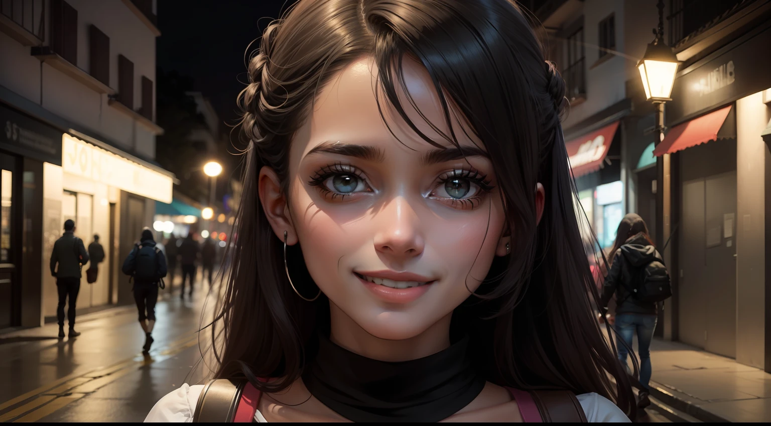 jovem mulher caminhando na rua sorrindo feliz ambiente misterioso obscuro sinistro perturbador