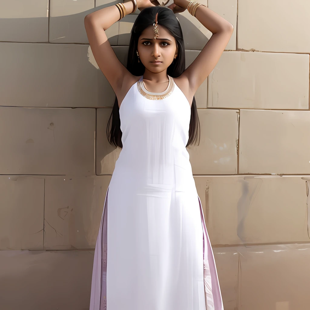 beautiful Indian female student of fair skin wearing sleeveless salwar kameez . she punished to stand with both hands up against a wall . her punishment is standing with both arms straight up above in the air. she is embarrassed. her wrists are tied up to wall by shackles
