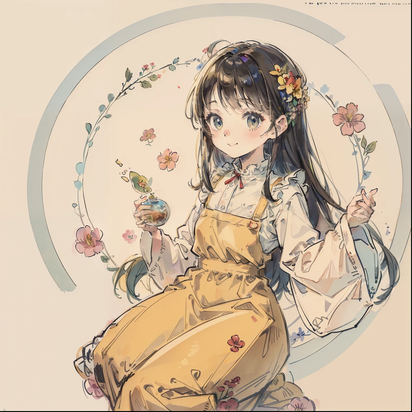(top-quality、masterpiece)、A stunning、a cute little cat、Floral dress、pinafore、foods、Warm smile、Hourglass diagram、Floral dress、pinafore、foods、
