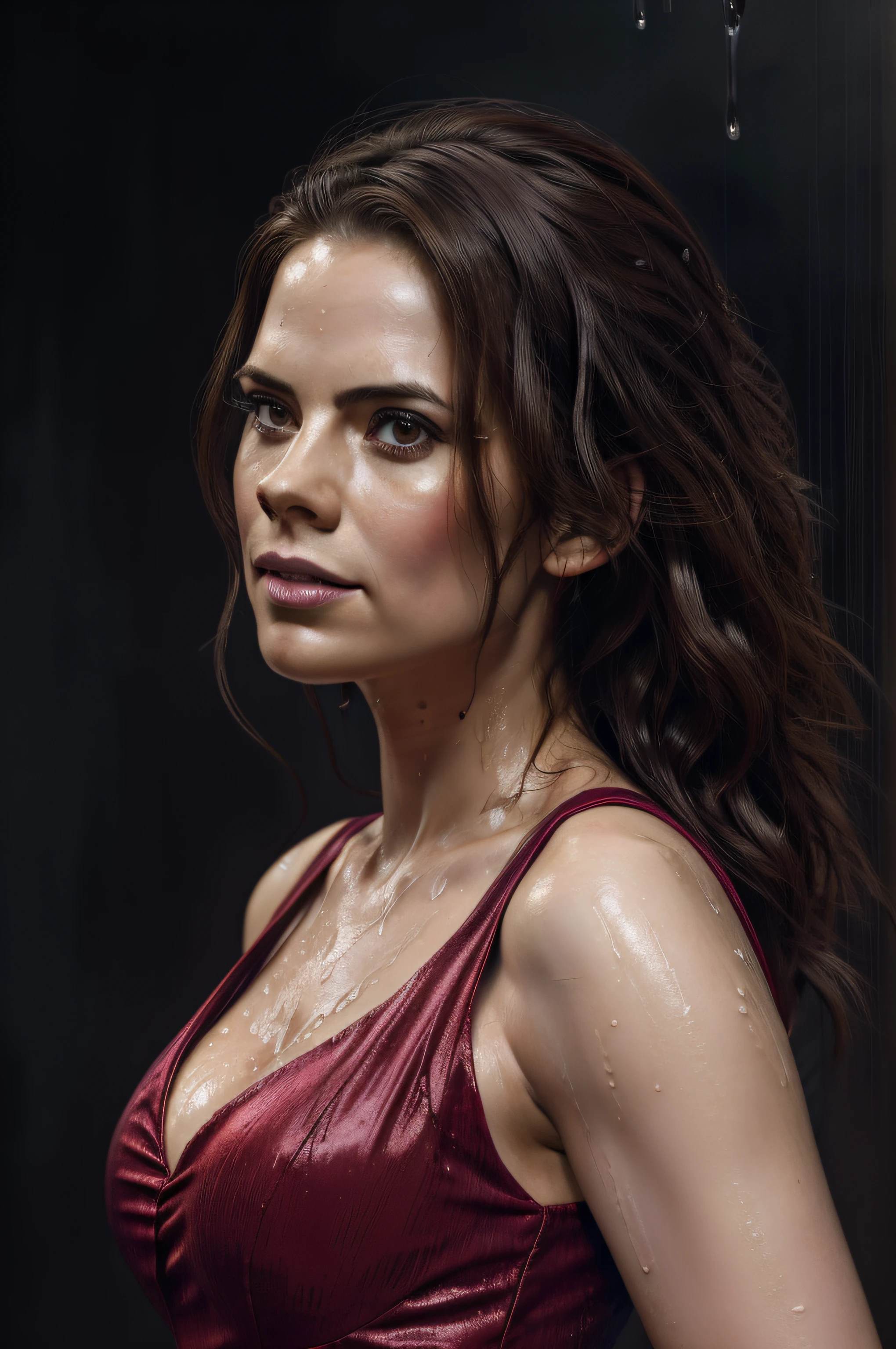 (Thirty year old) woman, standing in the heavy rain, wearing a (long bright red dress:1.2), beautiful legs, (soaked hair:1.2), dreamy photo, dramatic pose, looking straight at camera, soft expression, flirty, slight smile, dark city landscape, crowd of dark strangers, misty, andre kohn, Canon, (Detailed features::1.2), real life. Hayley Atwell, intricate, 8k, highly detailed, (extremely detailed CG unity 8k wallpaper), ((square jaw)), (well defined jaw), (downturned lips), (detailed anatomy), Hyperrealistic full shot body image, trending on CGSociety, Intricate, High Detail, Sharp focus, dramatic, volumetric lighting, digital painting, intense, modelshoot style, (extremely detailed CG unity 8k wallpaper), full shot body photo of the most beautiful artwork in the world, pearl skin, professional majestic oil painting by Ed Blinkey, Atey Ghailan, Studio Ghibli, by Jeremy Mann, Greg Manchess, Antonio Moro, trending on ArtStation, photorealistic painting art by midjourney and greg Rutkowski