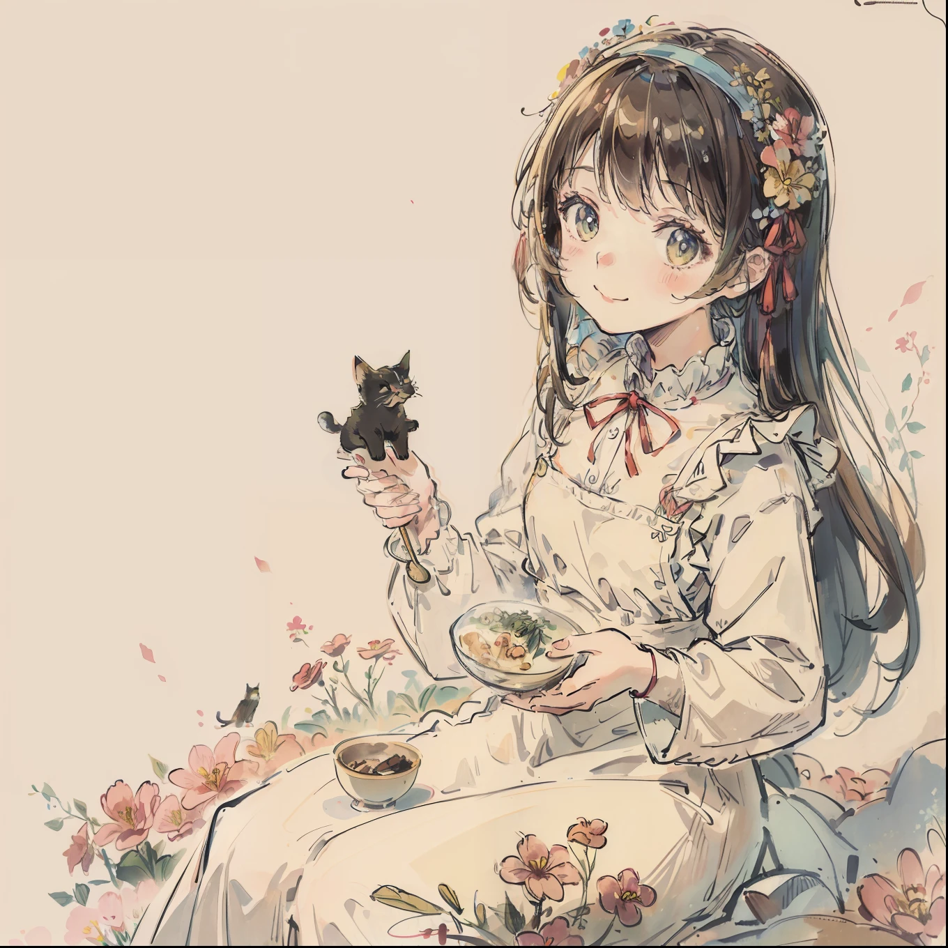 (top-quality、masterpiece)、A stunning、a cute little cat、Floral dress、pinafore、foods、Warm smile、Hourglass diagram、Floral dress、pinafore、foods、