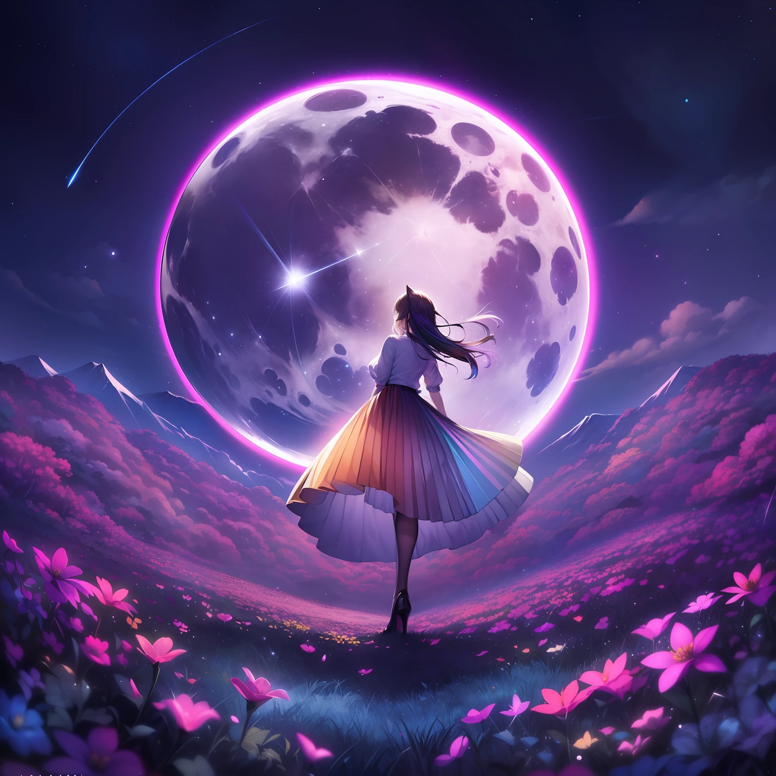 Vast landscape photos、（View from below with a view of the sky and the wilderness below）、20 year old woman in business suit standing in flower garden、look up to、Long pleated skirt fluttering in the wind,(10cm High Heels),posterior view,（fullmoon：1.2）,(((There are two full moons))),（shooting stars：0.9）、（nebulas：1.3）、mountain in the distance、Tree Break Production Art、(Warm color light source:1.2)、(fireflys:1.2)、abajour、Purple and orange、intricate detailes、Volume Lighting、Realism Break (​masterpiece:1.2)、(top-quality)、4K、Ultra-Details、(The composition of the movement:1.4)、Very detailed and colorful details、(Iridescent colors:1.2)、(Glowing lighting、Atmospheric lighting)、dream-like、Magical、(独奏:1.2)