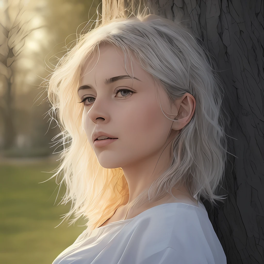 Mujer blanca, cabello rubio largo con rizos, ojos claros, small-nose, labios carnosos, delgada, sentada, Thinking about your dreams, mirando al cielo, ropa colorida, viento suave, Emotion on his face, small hands, con sol radiante, Tree Background, agua celeste, Listening to music