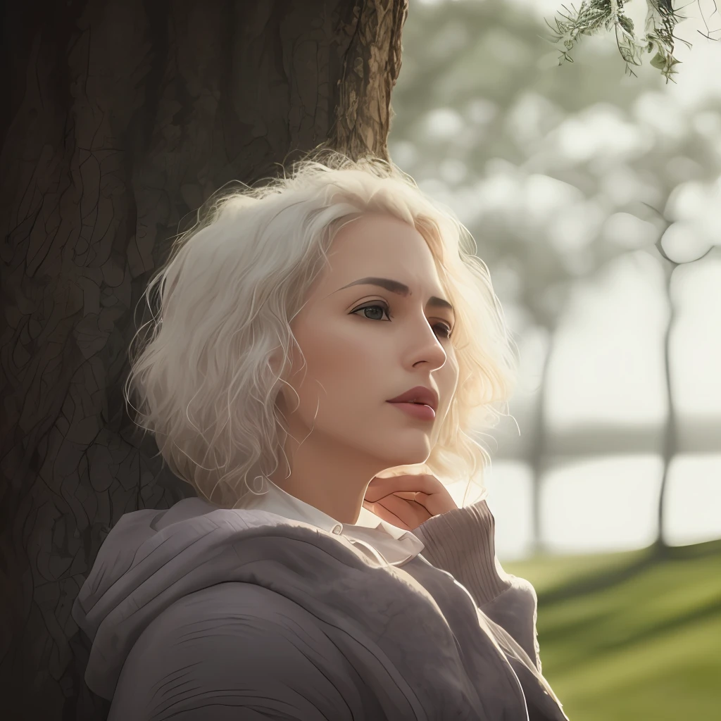 Mujer blanca, cabello rubio largo con rizos, ojos claros, small-nose, labios carnosos, delgada, sentada, Thinking about your dreams, mirando al cielo, ropa colorida, viento suave, Emotion on his face, small hands, con sol radiante, Tree Background, agua celeste, Listening to music