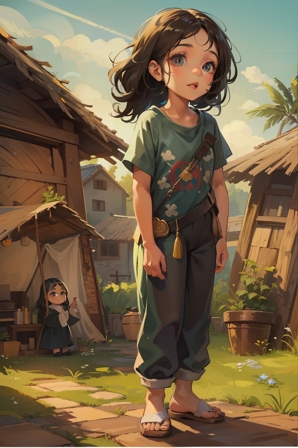  de 5 anos, cabelo longo, liso e preto, olhos brilhantes, utilizando roupa camponesa, in a village of villagers, poses and facial expressions, children's illustration style, simples, Fofa, cores.