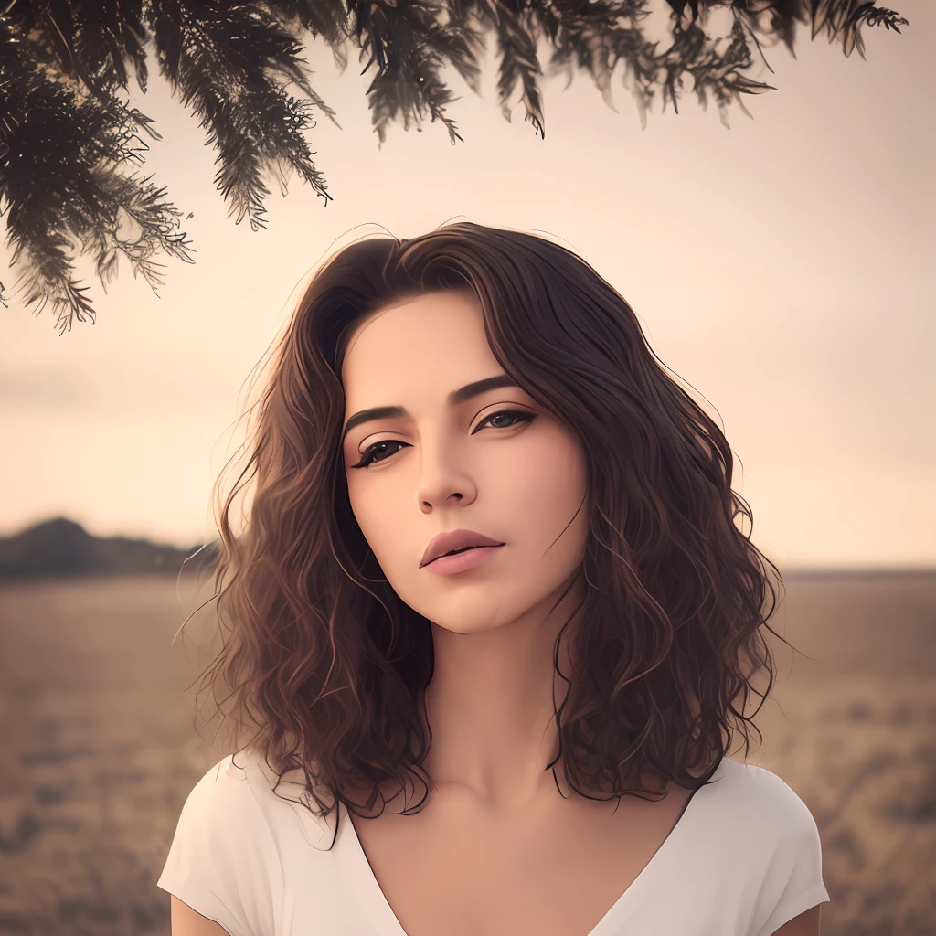 Mujer blanca, cabello rubio largo con rizos, ojos claros, small-nose, labios carnosos, delgada, sentada, Thinking about your dreams, mirando al cielo, ropa colorida, viento suave, Emotion on his face, small hands, con sol radiante, Tree Background, agua celeste, Listening to music
