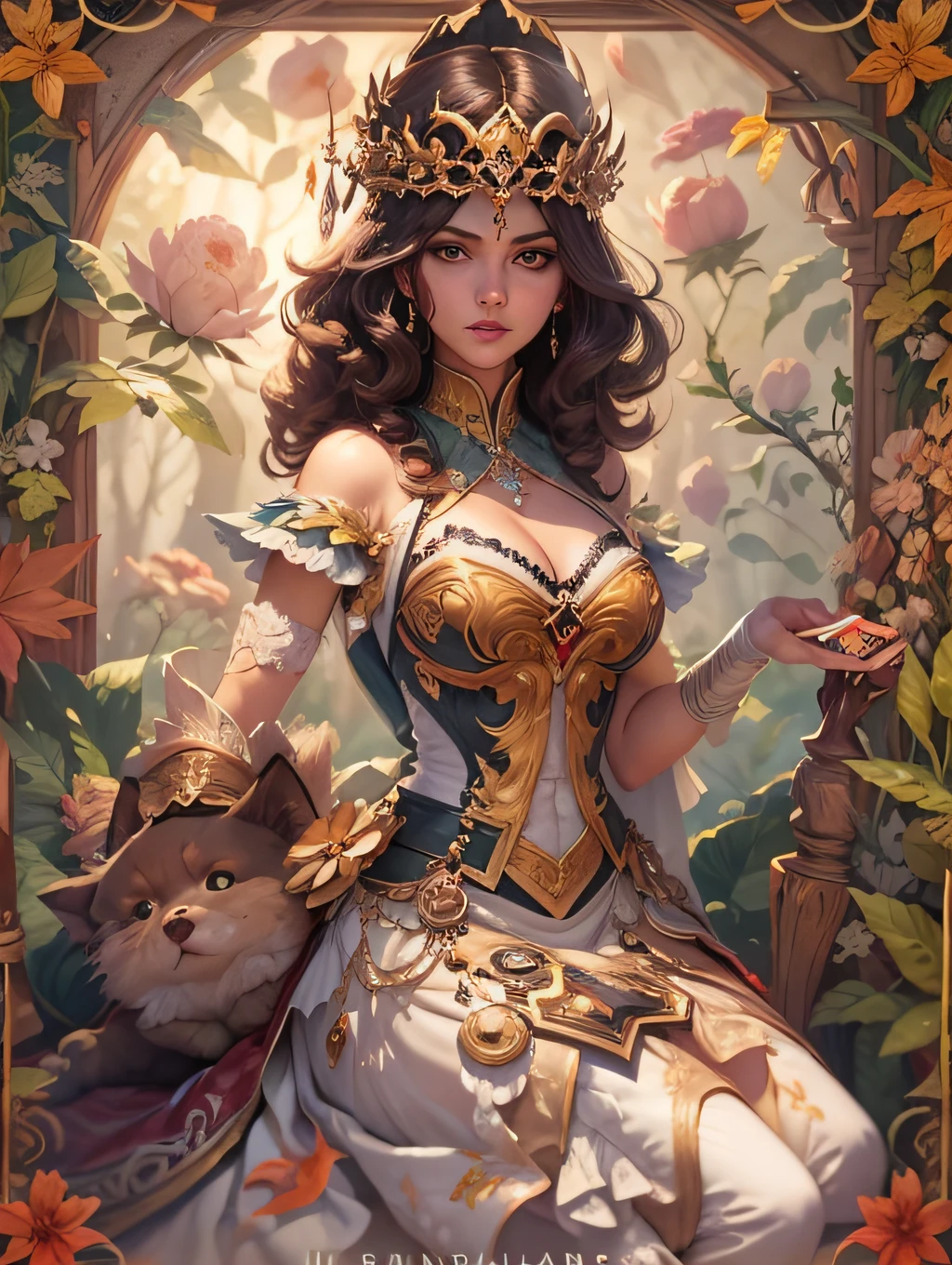Em uma sala mal iluminada, uma mulher hipnotizante cativa os espectadores com seu traje inspirado em espadas. Her elegant dress features intricate shovel motifs and her charming demeanor draws players into the enigmatic world of card games, tentando-os a explorar os segredos escondidos no baralho.