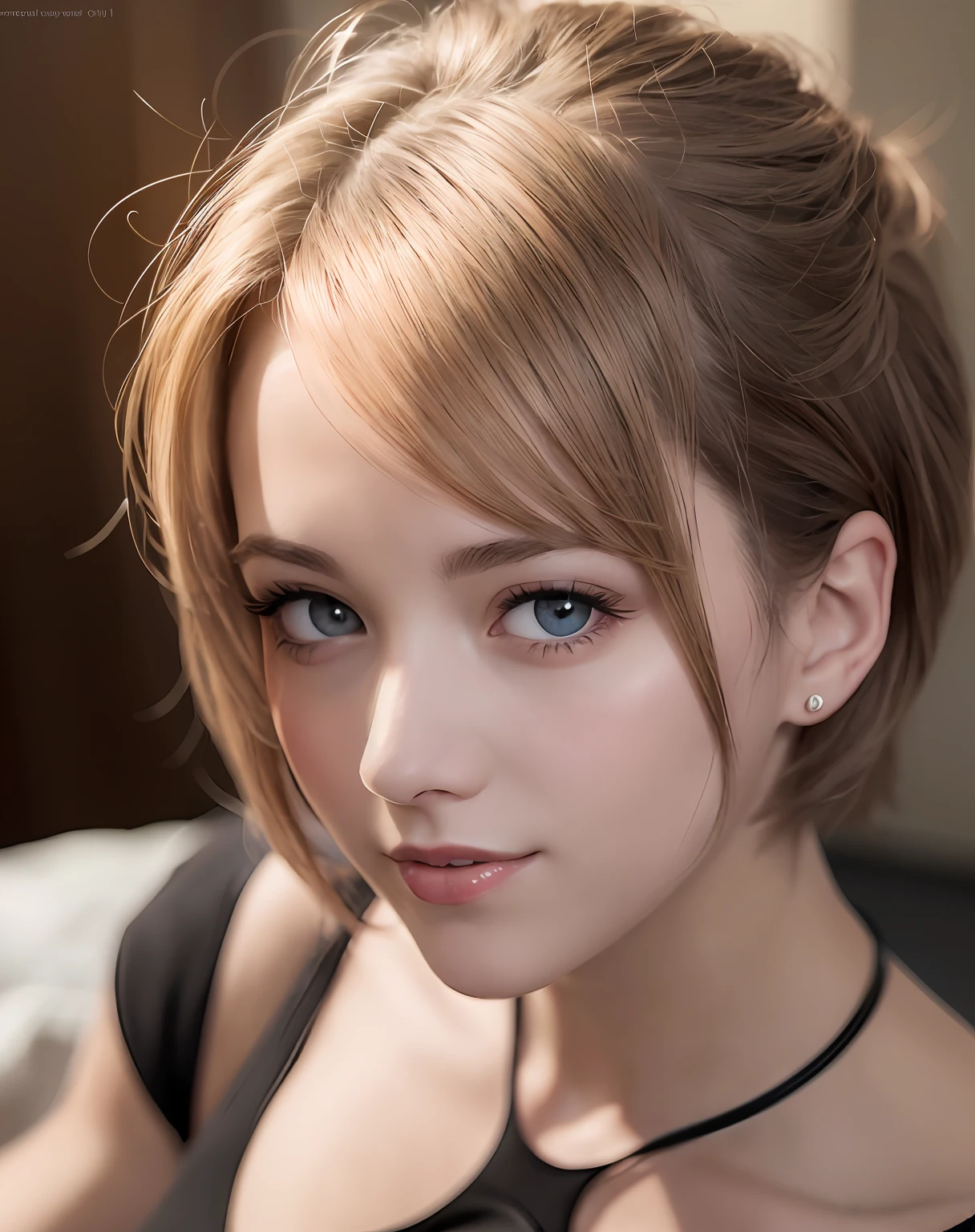 Best Quality, Ultra High Resolution, (Photorealistic: 1.4), Beautiful Eyes, Super Beautiful, Very Short Hair, Beautiful, Sweetheart, T-shirt with Rough Chest, Beautiful Soldier, Eyes That Invite Viewer, Lover's Perspective, Inviting Expression, Sexy Smile, Perfect Style, Perfect Balance, Detailed Skin, Naughty Gaze, Chest Visible