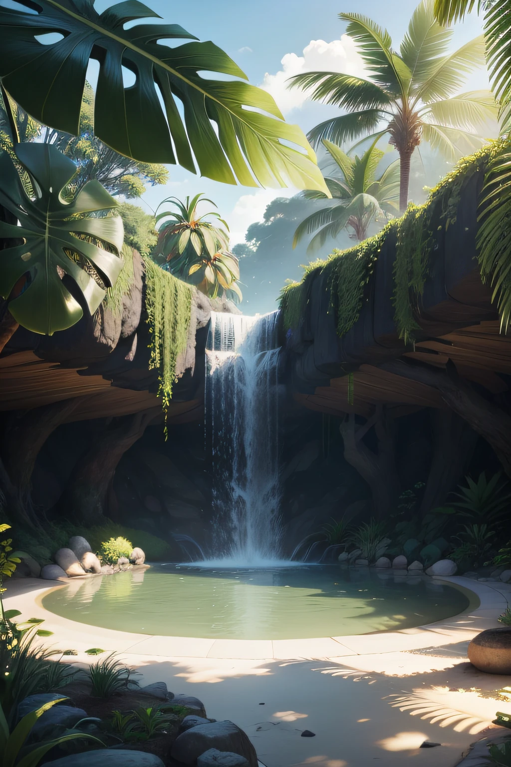 cenario tropical hyperrealista 4k com plantas brasileiras e arvores verdes, calor e flora brasileira, com agua