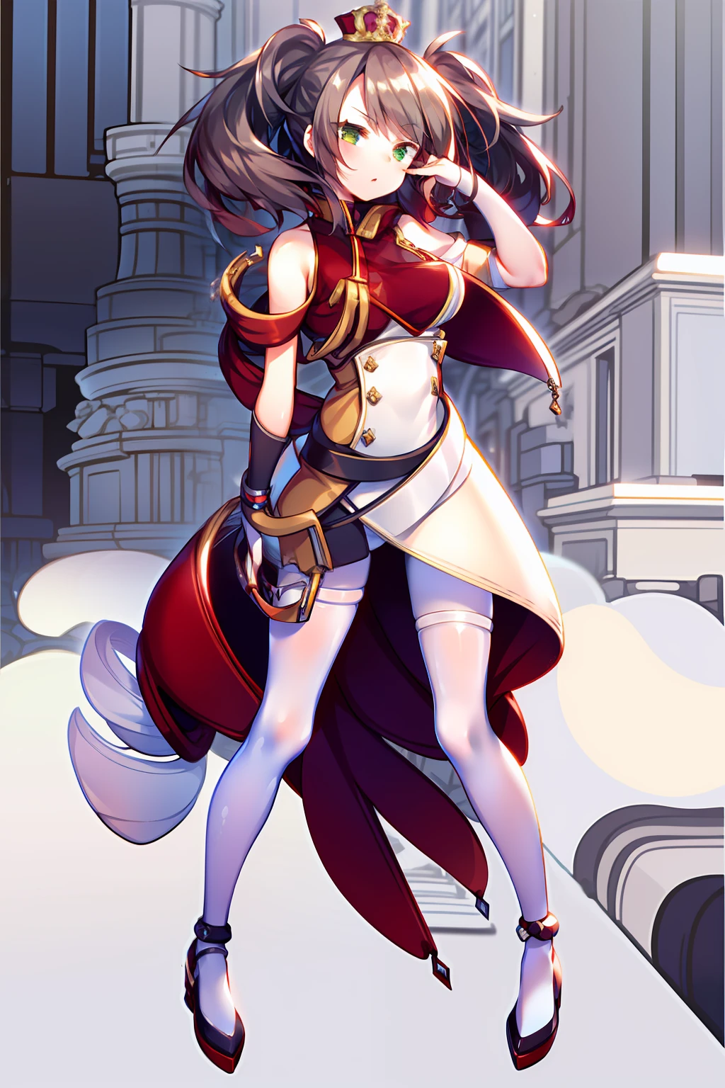 girl, medium breasts, twintails, brown hair, white dress, asymmetrical legwear, high detail, sharp image, anime style