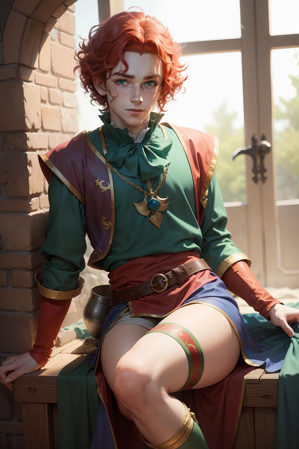 a young male medival jester in a jester outfit. he has green eyes, red curly hair and freckles. he look mistcheavous and playfull. anime style.