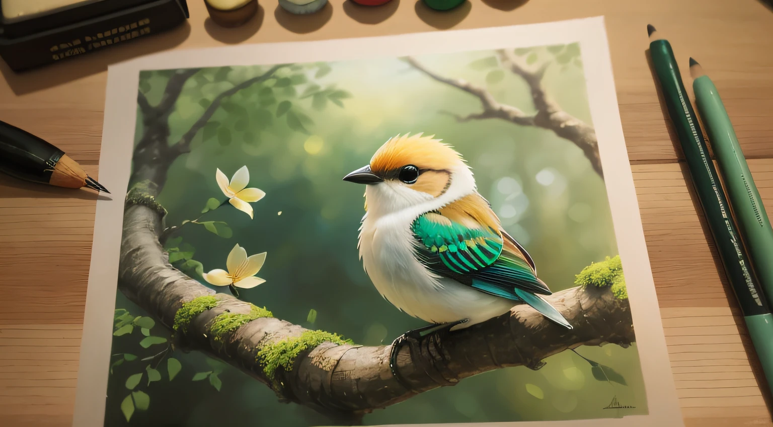 Illusion of a bird sitting on a branch with a flower in the background, pintura digital altamente detalhada, pintura digital de alta qualidade, arte aerada suave, an airbrush painting, cores realistas detalhadas, ultra realistic illustration, digital airbrush painting, airbrush digital oil painting, Pintura 4K altamente detalhada, Pintura 4K detalhada, pintura de alta detalhamento, pintura detalhada 4K