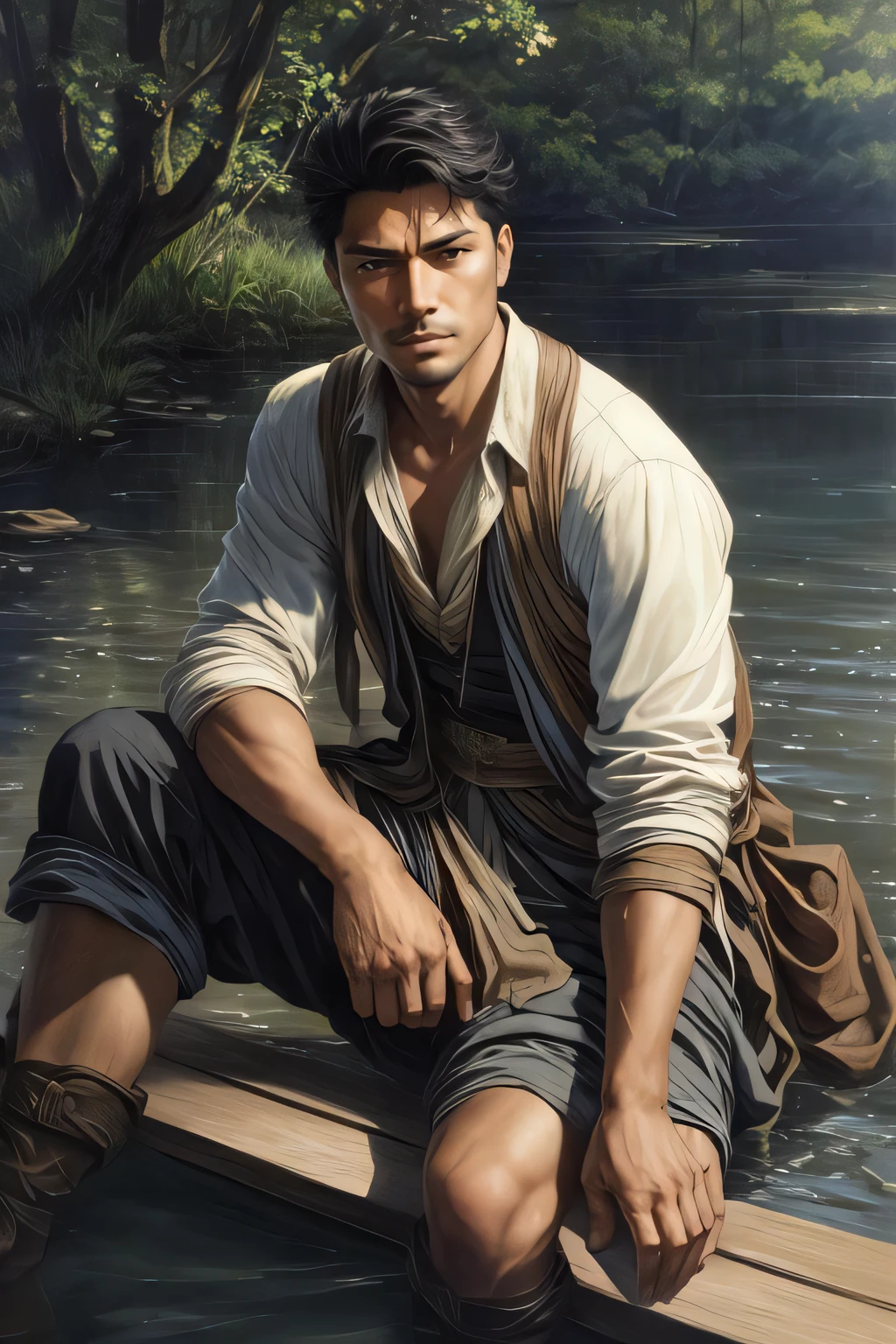 close up of 1 man, handsome, of philipino descent, wizard sitting by a river, at sunrise, beautiful face, beautiful sky, (oil painting), classical art:0.4, detailed, intricate, (fantasy art), muted color:0.25, best quality, good anatomy, good composition, good proportions, good design, dynamic pose, good pose, realistic sky, realistic backgrounds, (cinematic), (highest quality, award winning, masterpiece:1.3), (art by Arthur Rackham:0.5), (((natural colors))), (photorealistic:1.4), ((empty hands, holding nothing)),