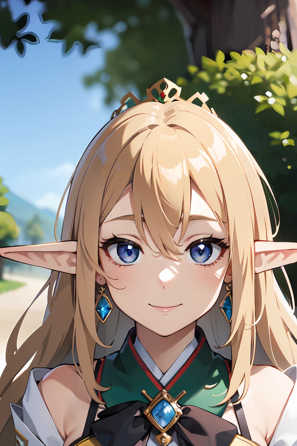 masterpiece, best quality, ultra high res, beautiful detailed hair detailed face, perfect feminine face, smile, gray eyes, an anime drawing inspired by Konoshige, pixiv, danbooru, (konoshige_(ryuun)), (((attractive elf queen))), straight long hair, pointy ears, long pointy ears, earrings, hoop earrings, blonde hair, hair between eyes, (close-up potrait), face focus, haystack, art by sakimichan, george kamitani, akira yasuda