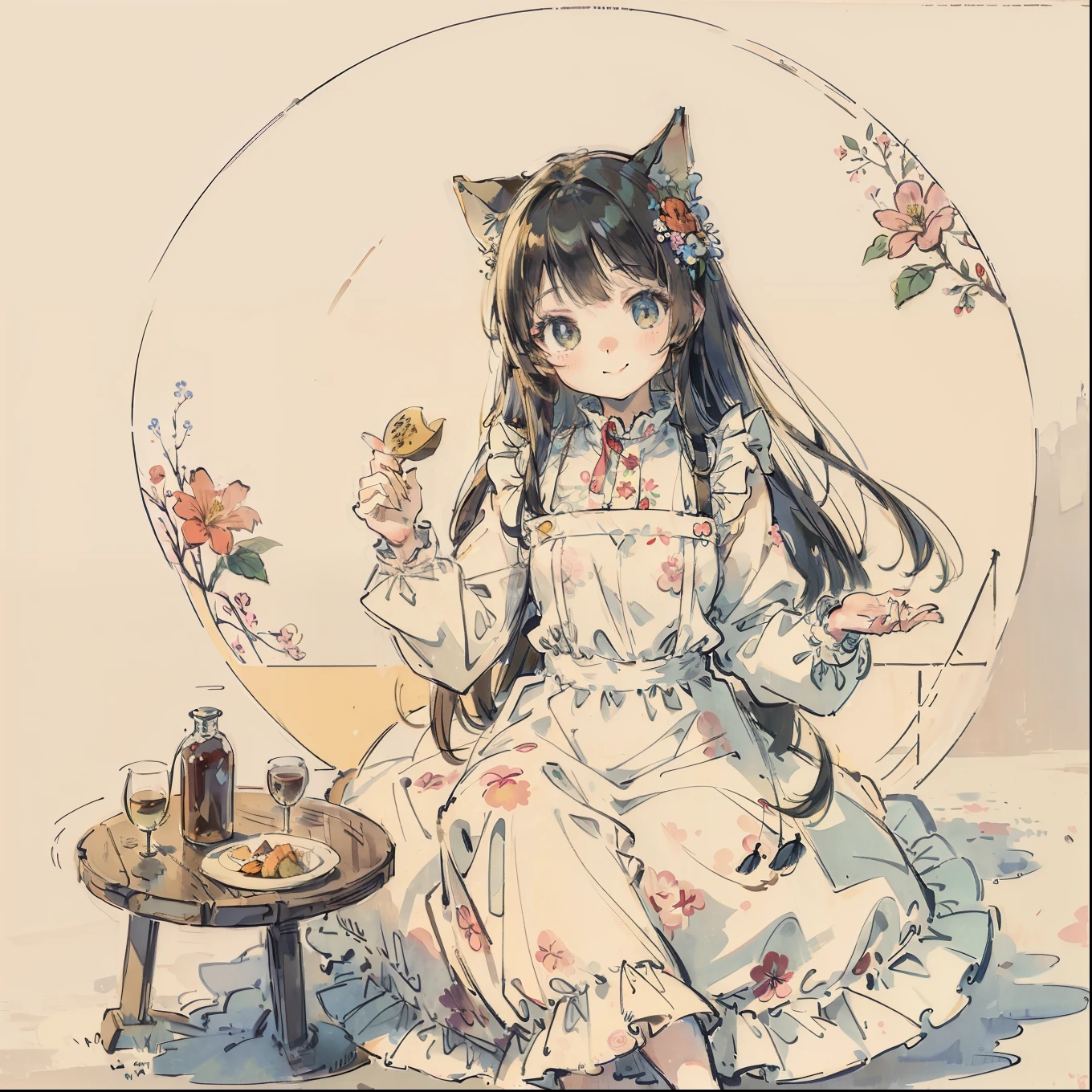 (top-quality、​masterpiece)、A stunning、a cute little cat、Floral dress、pinafore、foods、Warm smile、Hourglass diagram、Floral dress、pinafore、foods、