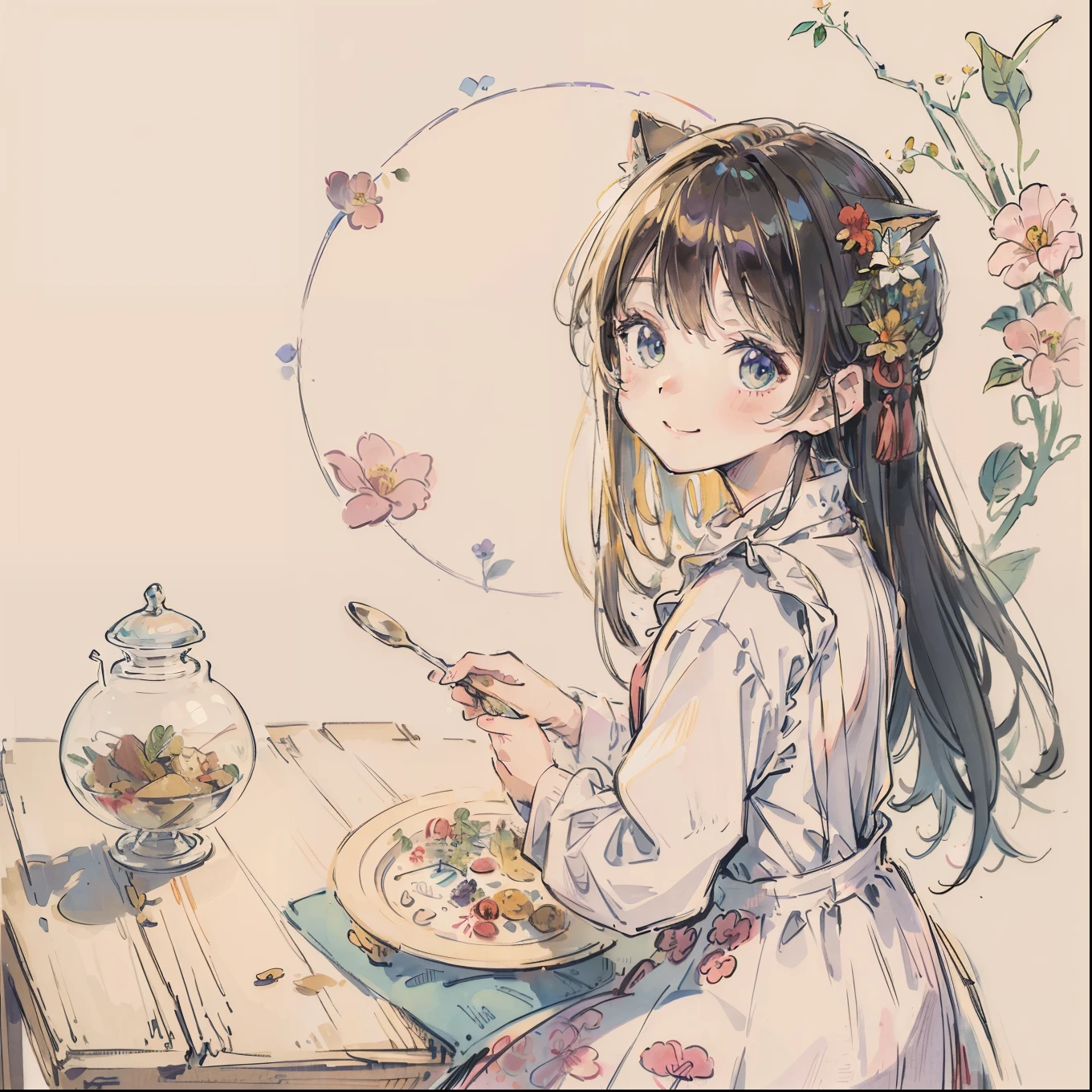 (top-quality、​masterpiece)、A stunning、a cute little cat、Floral dress、pinafore、foods、Warm smile、Hourglass diagram、Floral dress、pinafore、foods、