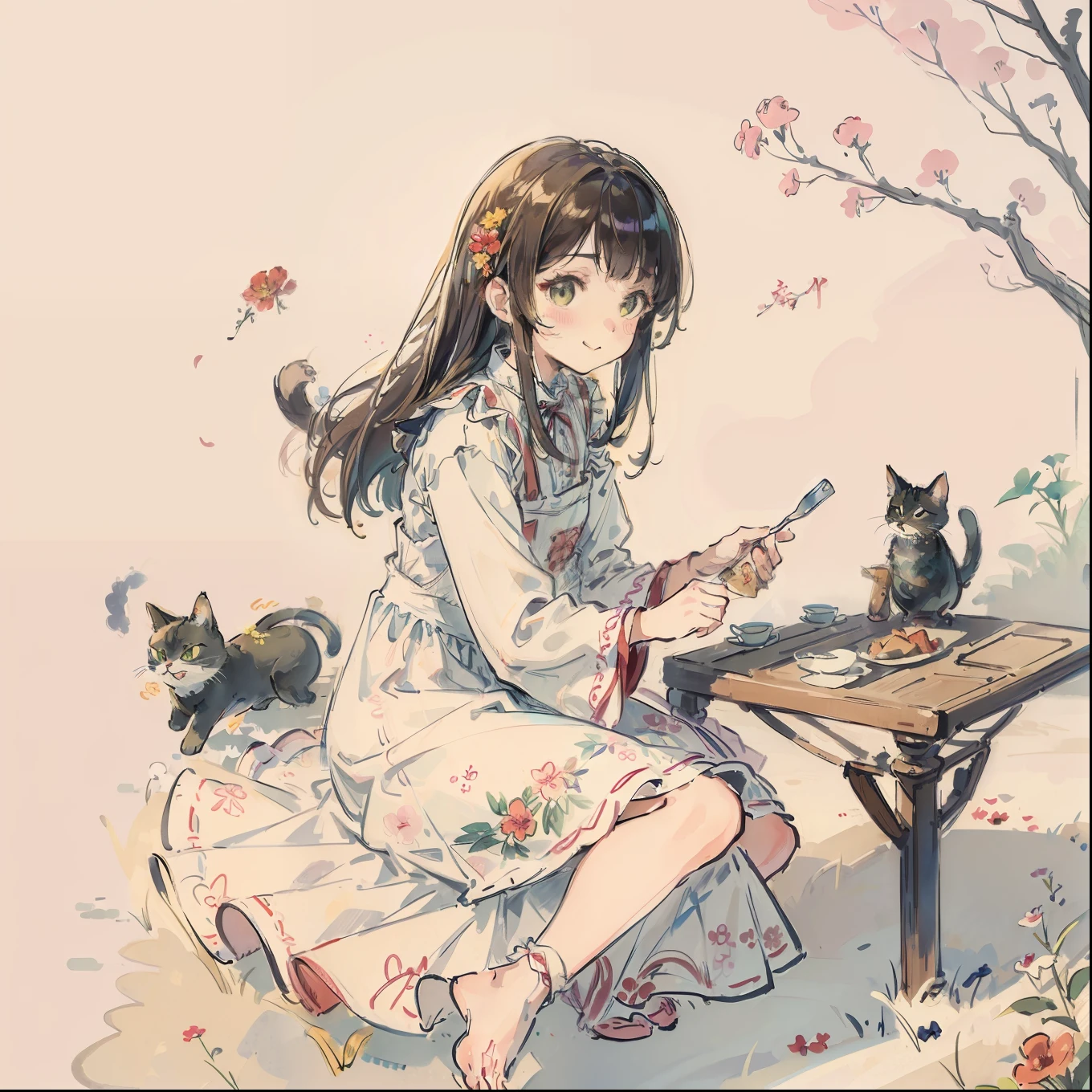 (top-quality、​masterpiece)、A stunning、a cute little cat、Floral dress、pinafore、foods、Warm smile、Hourglass diagram、Floral dress、pinafore、foods、