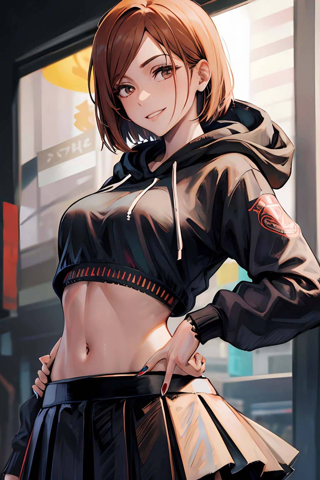 1girl, beautiful NobaraJK, long_sleeves, hood, hood_down, hoodie, skirt, smile, cropped_hoodie, navel, crop_top, nail_polish, stomach, black_hoodie, black_skirt, midriff, pleated_skirt, volumetric lighting, best quality, masterpiece, intricate details, tonemapping, sharp focus, hyper detailed, trending on Artstation,