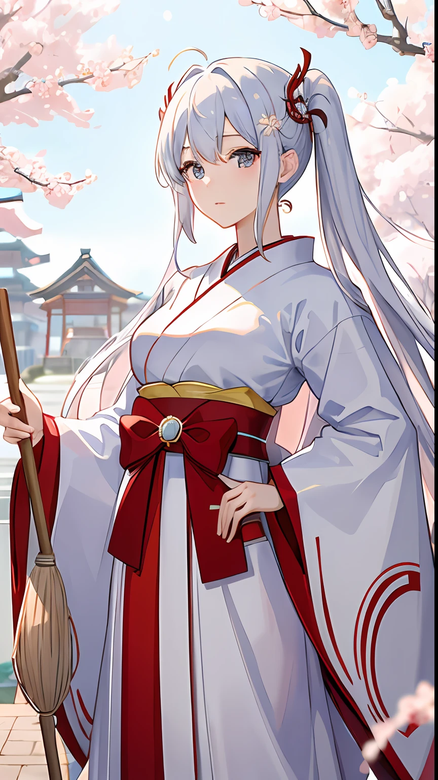 (masterpiece)、(best qualtiy)、(ultra-detailliert)、(dishevled hair)、(Japanese anime)、(1 famous Japan idol girl)、(goddess of Japan、shrine maiden、White and red priestess costume、Red Hakama)、Holding a broom、see the beholder、(Background of the precincts)、Stand on the ground of pebbles、Fine and beautiful eyes、Delicate beautiful face、Planktonic、(a high chroma)、colorful bubble、(brilliance)、Focus on Face、poneyTail、Cherry Blossom Hair Ornament、White shorthair、bangss、hair rings、、Floating hairs、(Shines)、The best lighting、Best Shadows、