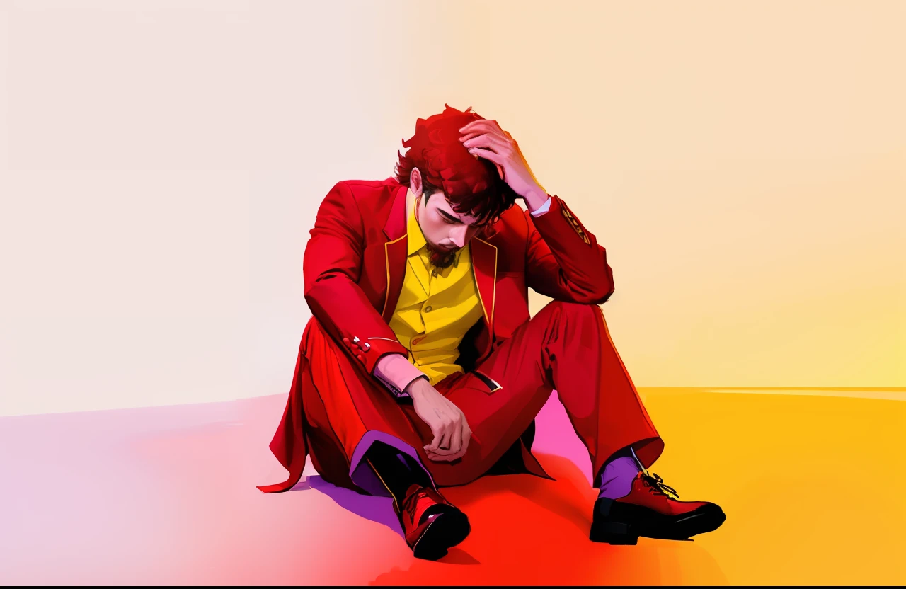 arafed man in red suit sitting on the ground with his head in his hands, wearing red and yellow clothes, colored illustration, sitting down, colored album art, fan art, sad man, digital drawing, digital illustration, album art, some red and purple and yellow, weird expressionist pose, alternate album cover, colorful illustration, harry volk clip art style