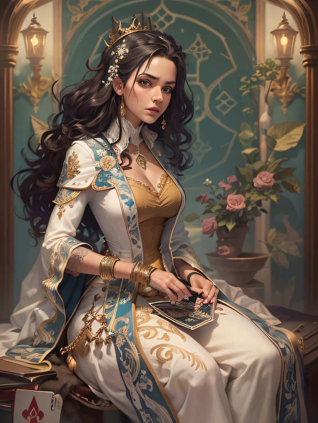 em uma sala mal iluminada, uma mulher hipnotizante cativa os espectadores com seu traje inspirado em espadas. Her elegant dress features intricate shovel motifs and her charming demeanor draws players into the enigmatic world of card games, tentando-os a explorar os segredos escondidos no baralho.