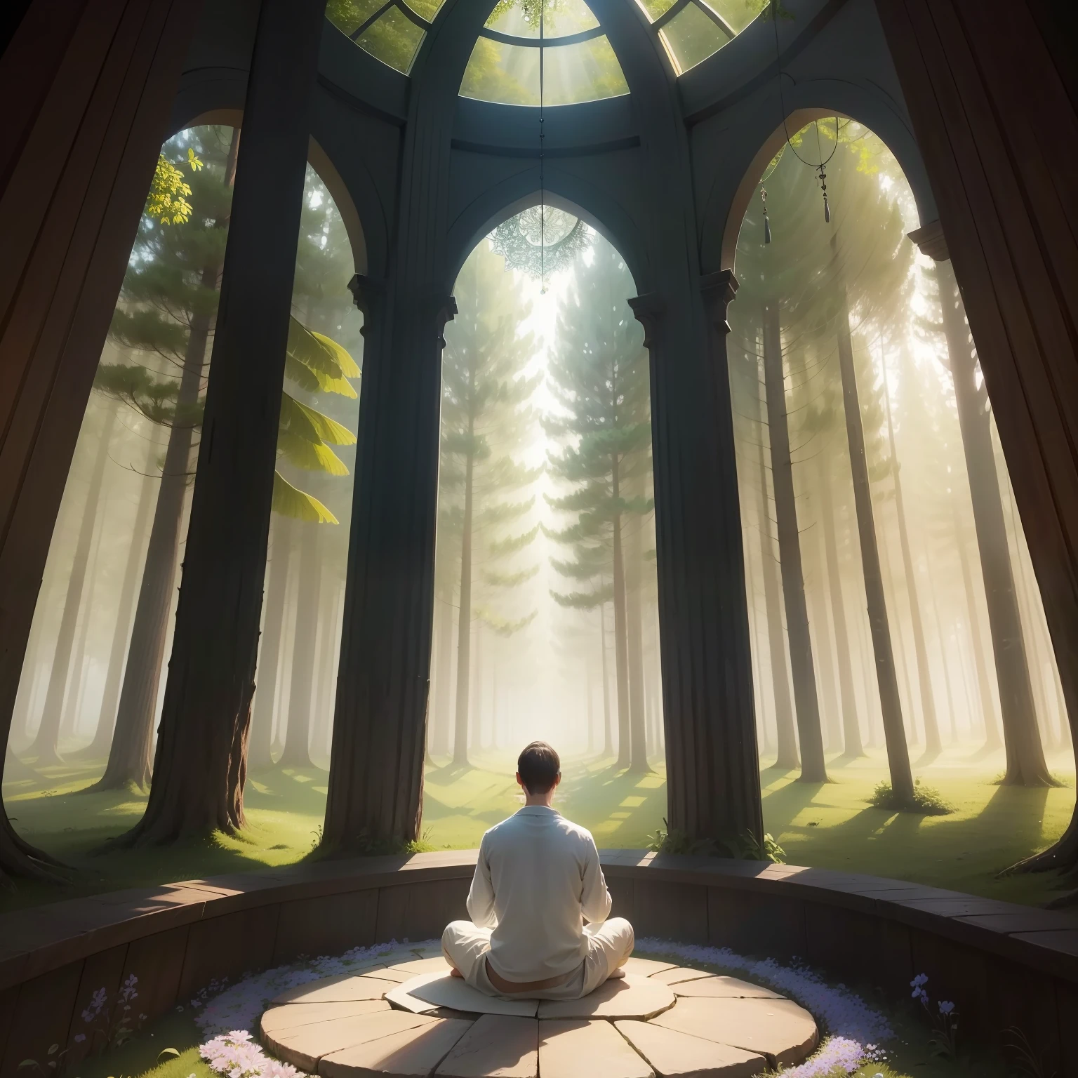 One image that could be well suited to the prayer mentioned is that of a person in meditation or prayer, cercada pela natureza, como um bosque tranquilo ou um campo com flores coloridas. This image would convey a sense of serenity, spiritual connection with nature and an atmosphere of peace, which is in tune with the tenor of the prayer.