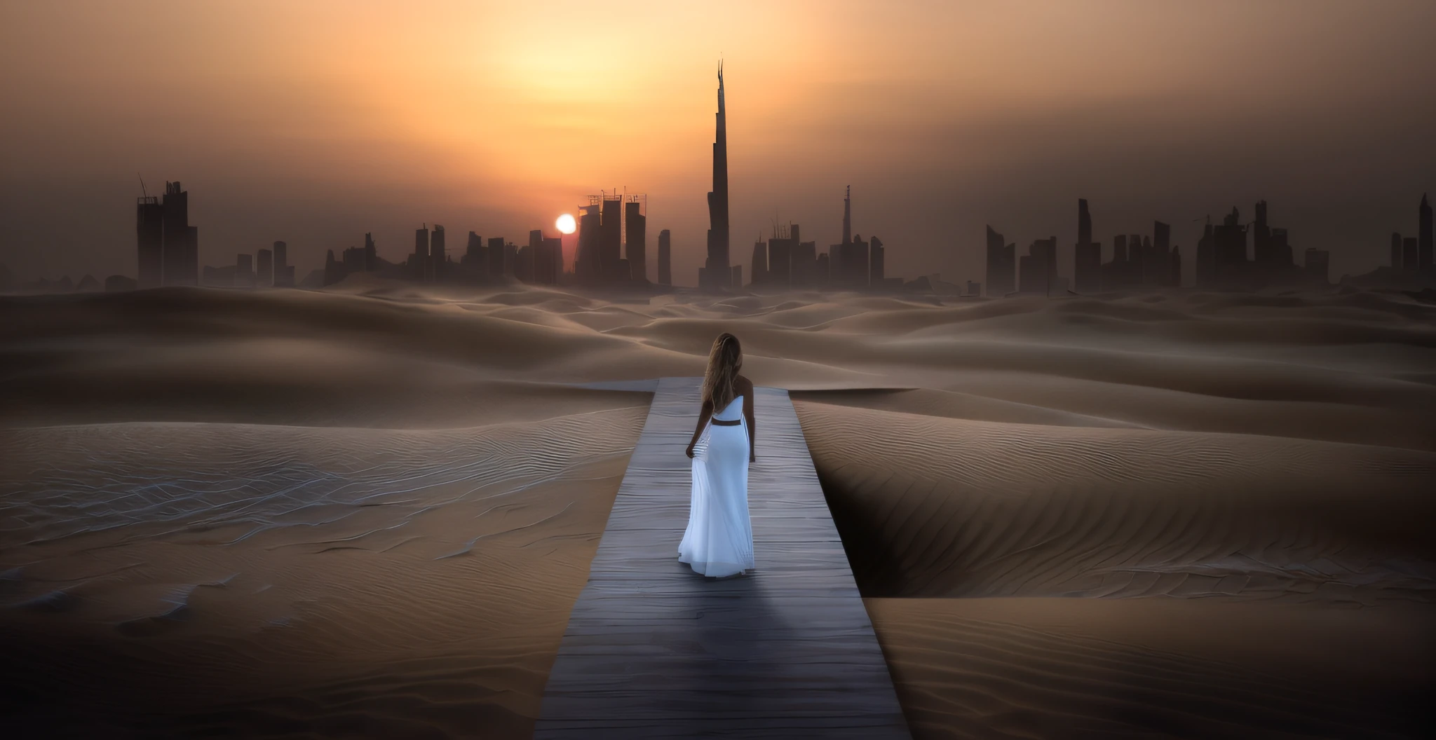 Araffes no deserto com uma cidade ao fundo, Arte digital surrealista, em uma paisagem de sonho surreal, foto surreal, Marcos Adamus, cena surreal, praia fotografia surreal, surreal composition, no deserto ao lado do golfo, arte digital surreal, bela arte digital, vislumbre surreal, surreal dreamscape, 4k, HDR, 8K, realistic, futuristic