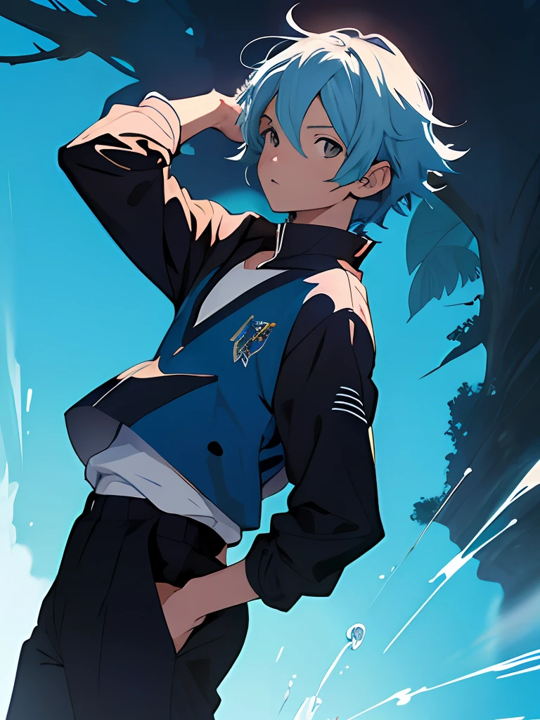menino anime, usando roupas escolares, cabelo curto azul, melhor qualidade, 4k, Anime estilo 2D,