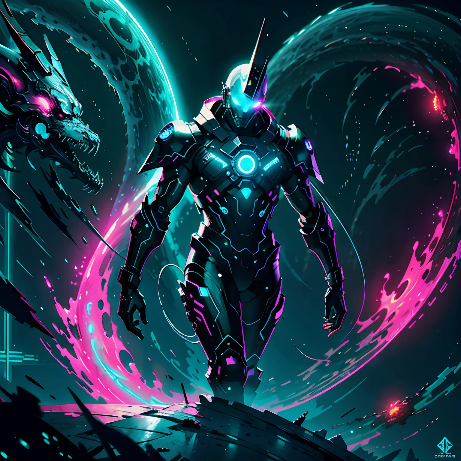Стиль Ghost Blade, Hero of the Night, glowing lights,surrounded by enemies, Cosmic tentacles, the stars, dark neon background, 8 k, Photorealistic, hyper-detailing, Ultra Detailed, 4 thousand., Ultra Detailed, Pink contrasting lines, Green flashing, Glow, cinematiclight, Concept art, HDR, Smooth, sharp-focus, Cinematic lighting, hiquality, cgsociety