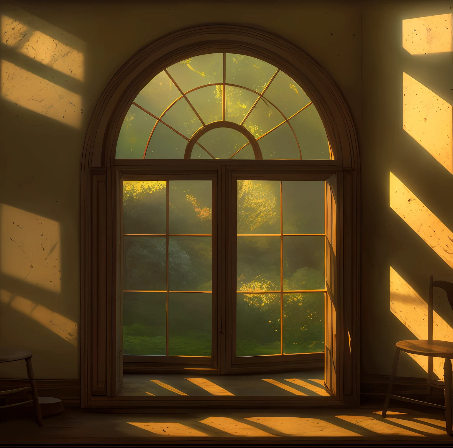 There is a large window, which overlooks the garden, interior background art, atmospheric. Digital Painting, Painting the room, Brown walls, Lighting Study, open window ib background, HDR Digital Painting, Light through the windows, dramatic lighting. Concept art, light, penetrating through the window
