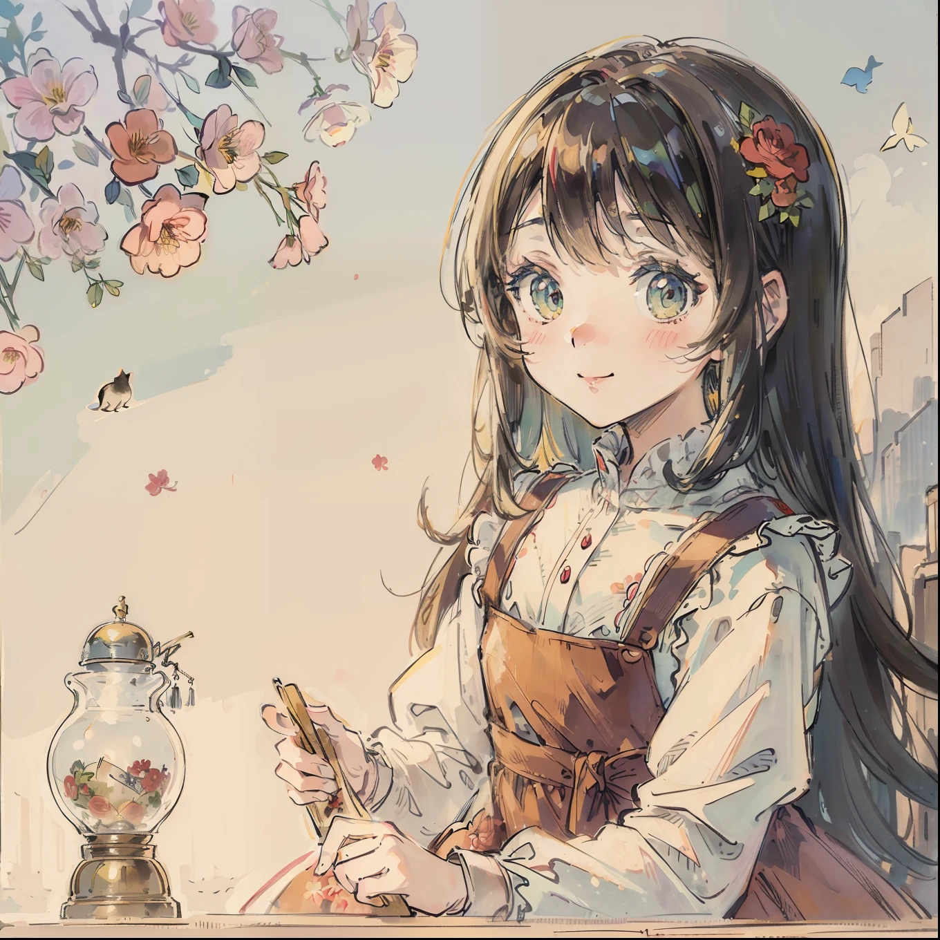 (top-quality、​masterpiece)、A stunning、a cute little cat、Floral dress、pinafore、foods、Warm smile、Hourglass diagram、Floral dress、pinafore、foods、