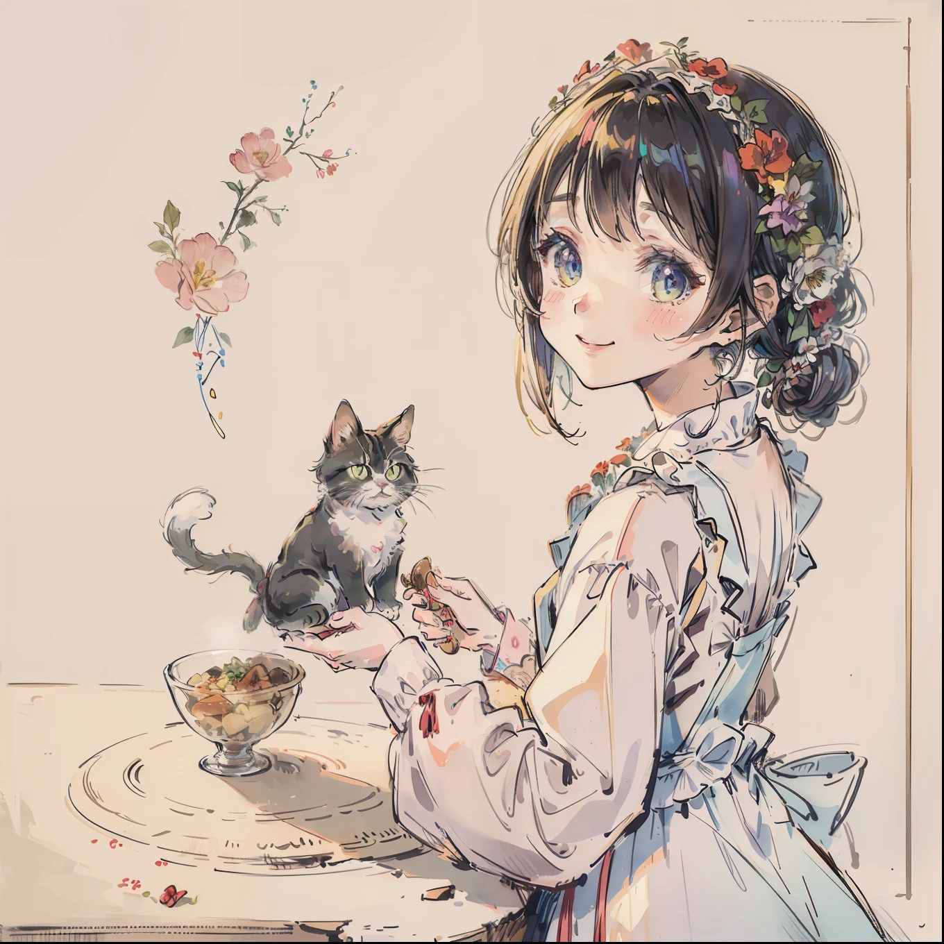 (top-quality、masterpiece)、A stunning、a cute little cat、Floral dress、pinafore、foods、Warm smile、Hourglass diagram、Floral dress、pinafore、foods、