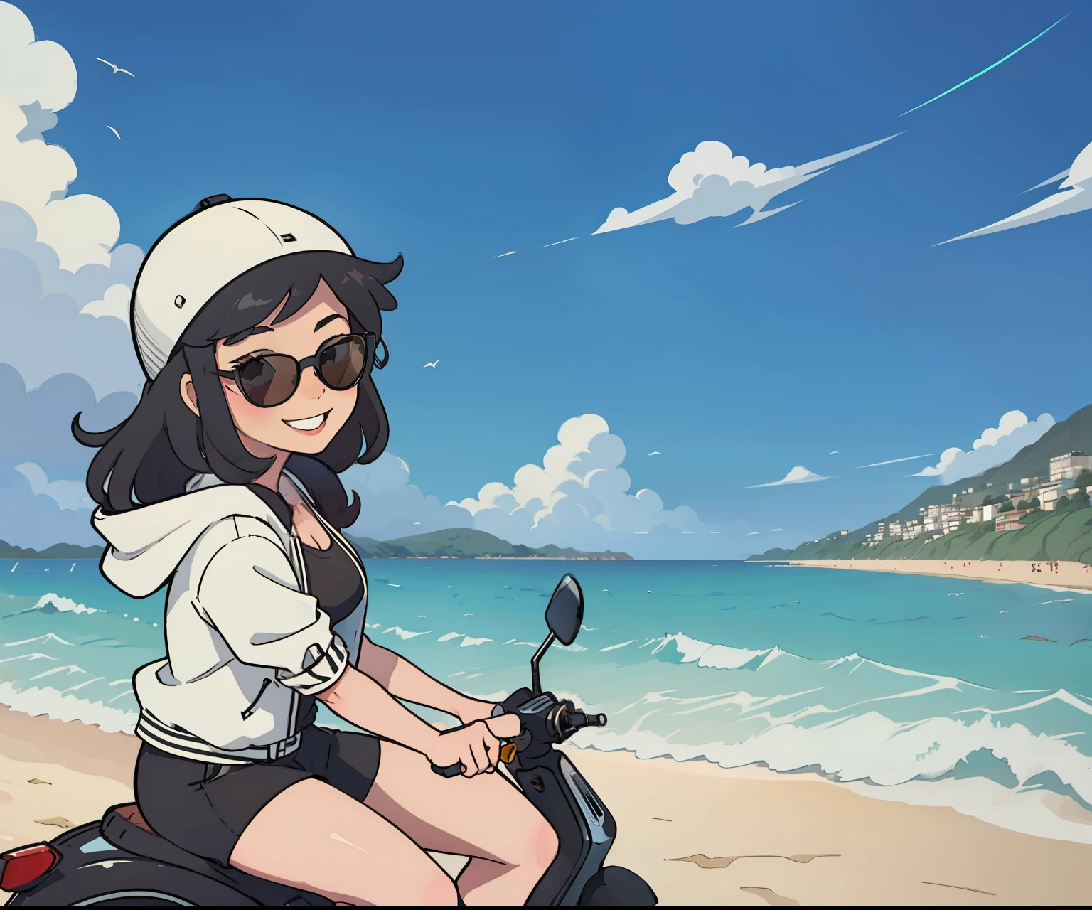 Sexy woman Using black sunglasses and withe clothes Riding a vespa near to the beach happy smiling