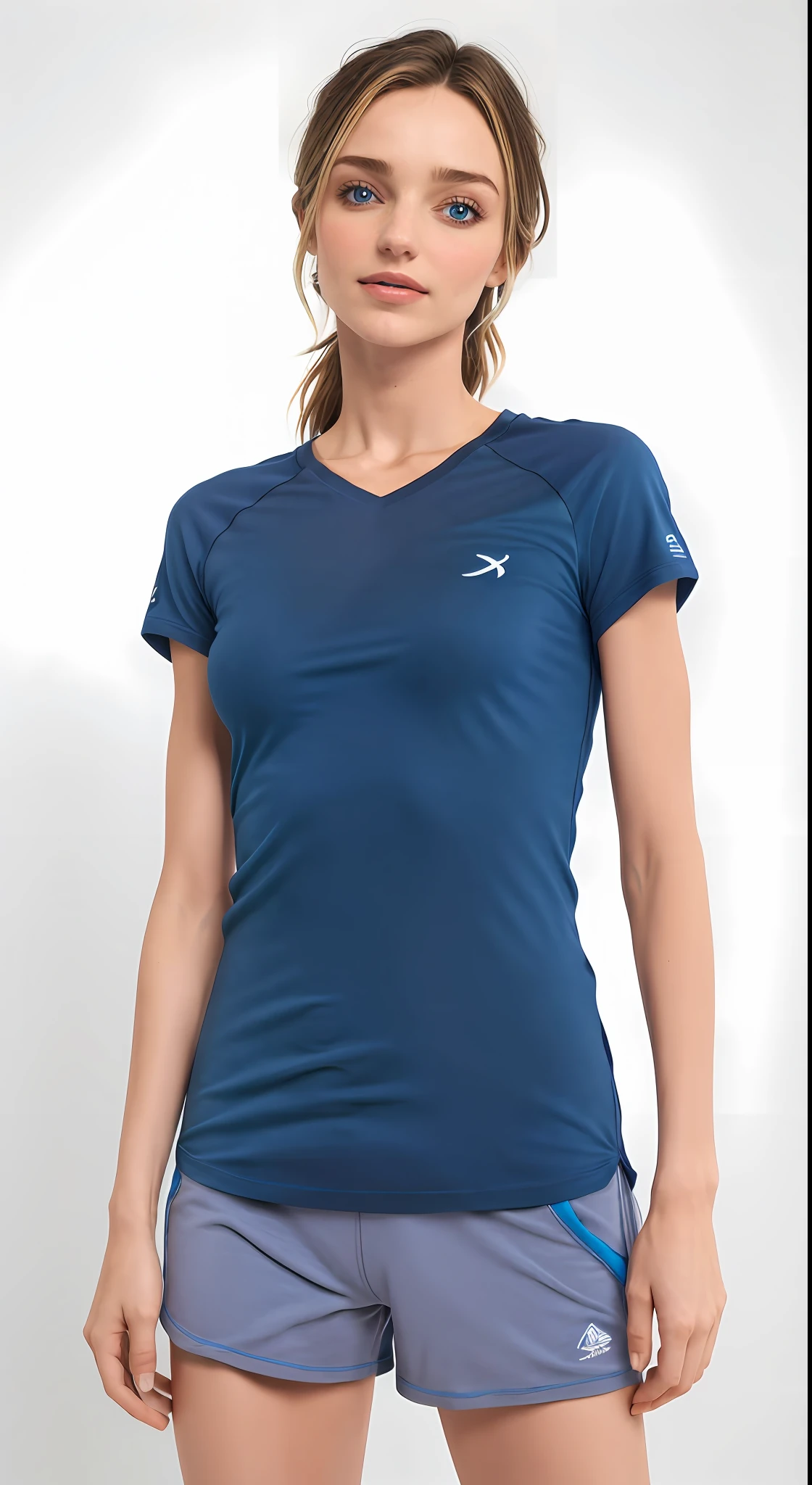 uma mulher linda, muito bonita de camisa azul e short roxa, tshirt azul apertada, mangas curtas, Basic T-shirt, camisa azul escura, azul-marinho, camisa fosca, camisa levemente apertada, em uma camisa polo escura, camisa azul, escuro, t-topo, upper body visible, roupas casuais modernas, vestindo uma camiseta, imagem central, azul-marinho