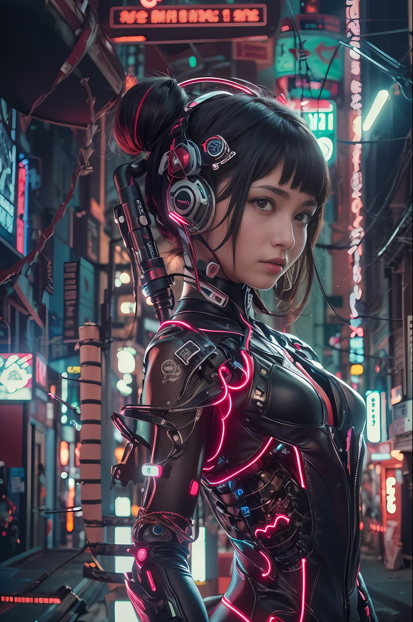 Top Quality, Masterpiece, Ultra High Resolution, ((Photorealistic: 1.4), Raw Photo, 1 Girl, Black Hair, Glossy Skin, 1 Mechanical Girl, (Ultra Realistic Details)), side lighting, deep shadows, Octane Rendering, 8K, Ultra Sharp, Metal, Intricate Ornament Details, Egyptian Details, Very intricate details, realistic light, CGSoation trend, facing the camera, neon details, mechanical limbs, tubes connected to the mechanical parts, mechanical vertebrae attached to the back, mechanical cervical attachment to the neck, wires and cables connecting to the head, evangelion, small glowing LED lamps, (dazzling Cyberpunk city streets in background).