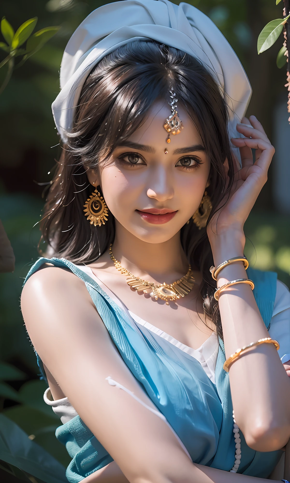 Best quality, masterpiece, ultra high res, (photorealistic:1.4), raw photo, 1girl, indian girl, in the dark, deep shadow, light makeup, cold light, teasing smile,  Necklaces, Bracelets, Hair Accessories, Earrings, Headbands, garden, Village, India,{{proper physical parameters}}.