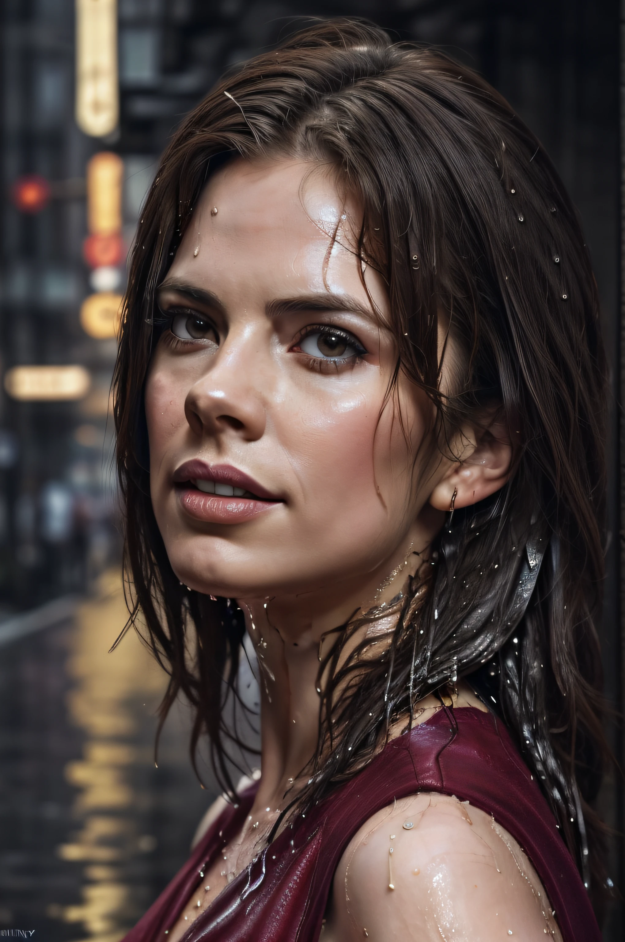 (Thirty year old) woman, standing in the heavy rain, wearing a (long bright red dress:1.2), beautiful legs, (soaked wet hair:1.3), dreamy photo, dramatic pose, looking straight at camera, soft expression, flirty, slight smile, dark city landscape, city lights, light reflecting on ground, crowd of dark strangers, misty, andre kohn, Canon, (Detailed features::1.2), real life. Hayley Atwell, intricate, 8k, highly detailed, (extremely detailed CG unity 8k wallpaper), ((square jaw)), (well defined jaw), (downturned lips), (detailed anatomy), Hyperrealistic full shot body image, trending on CGSociety, Intricate, High Detail, Sharp focus, dramatic, volumetric lighting, digital painting, intense, modelshoot style, (extremely detailed CG unity 8k wallpaper), full shot body photo of the most beautiful artwork in the world, pearl skin, professional majestic oil painting by Ed Blinkey, Atey Ghailan, Studio Ghibli, by Jeremy Mann, Greg Manchess, Antonio Moro, trending on ArtStation, photorealistic painting art by midjourney and greg Rutkowski