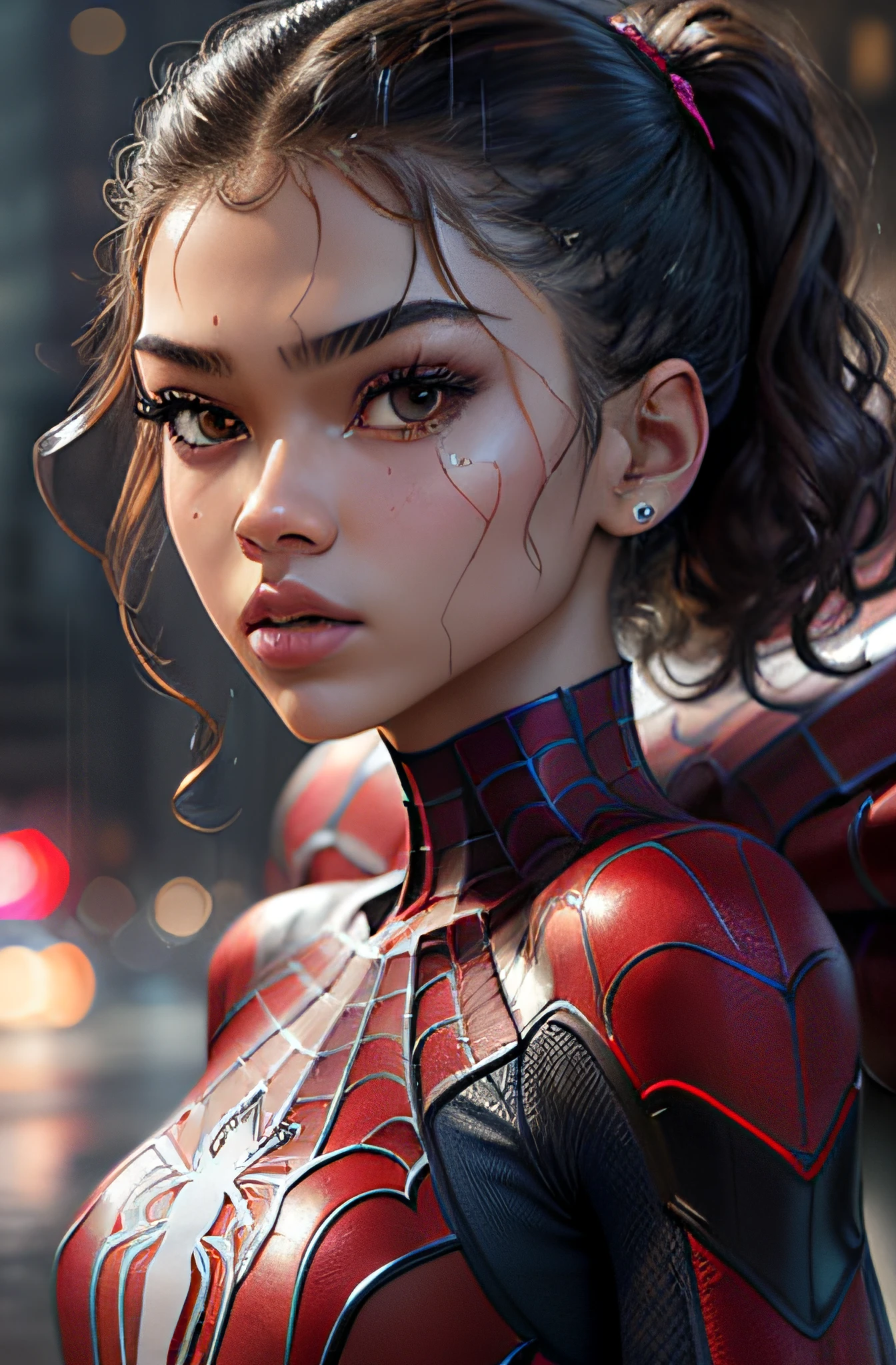 18 girl, spider man suit, rain, roof, masterpiece, intricate detail, perfect anatomy, perfect face of Zendaya, perfect face, detailed lips, detailed body