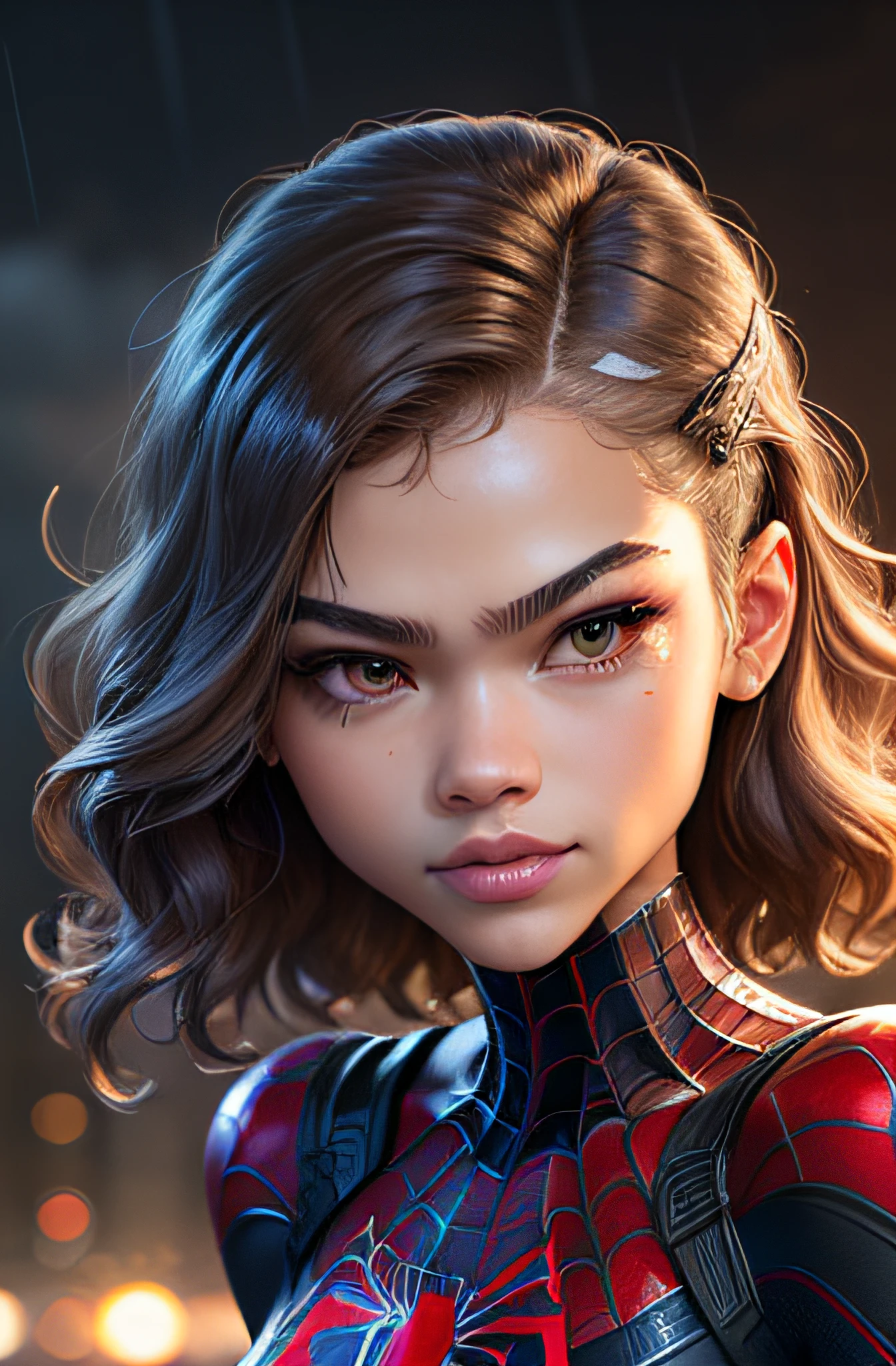 18 girl, spider man suit, rain, roof, masterpiece, intricate detail, perfect anatomy, perfect face of Zendaya, perfect face, detailed lips, detailed body, zendaya hair, zendaya smile, Zendaya peson